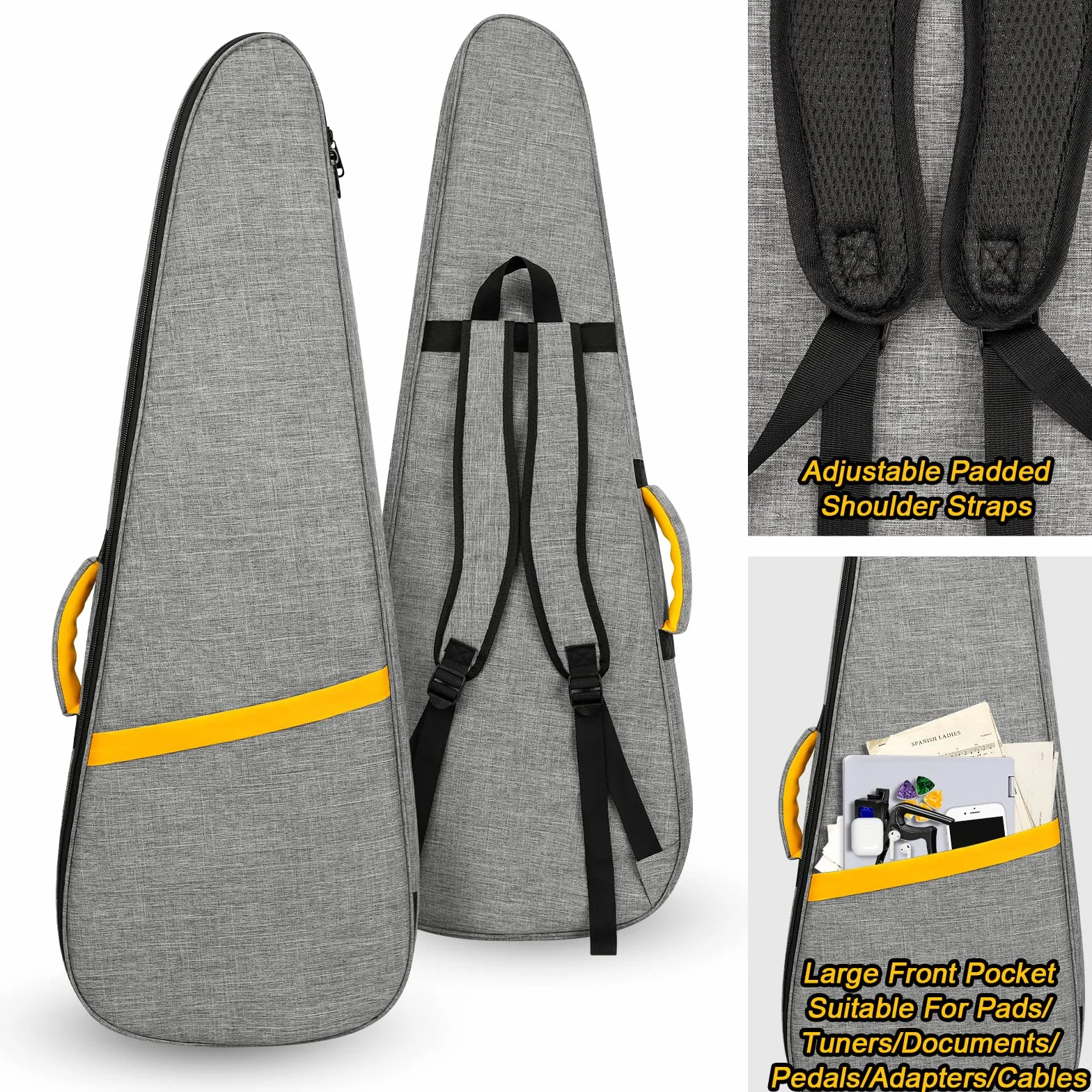 LETSROCK Tasche für E-Gitarren, Dicke Polsterung, mit Umhängeband, Verstellbarer Schultergurt, wasserdicht, gelbe Blitzform und Schwarze E-Gitarren-Gigbag