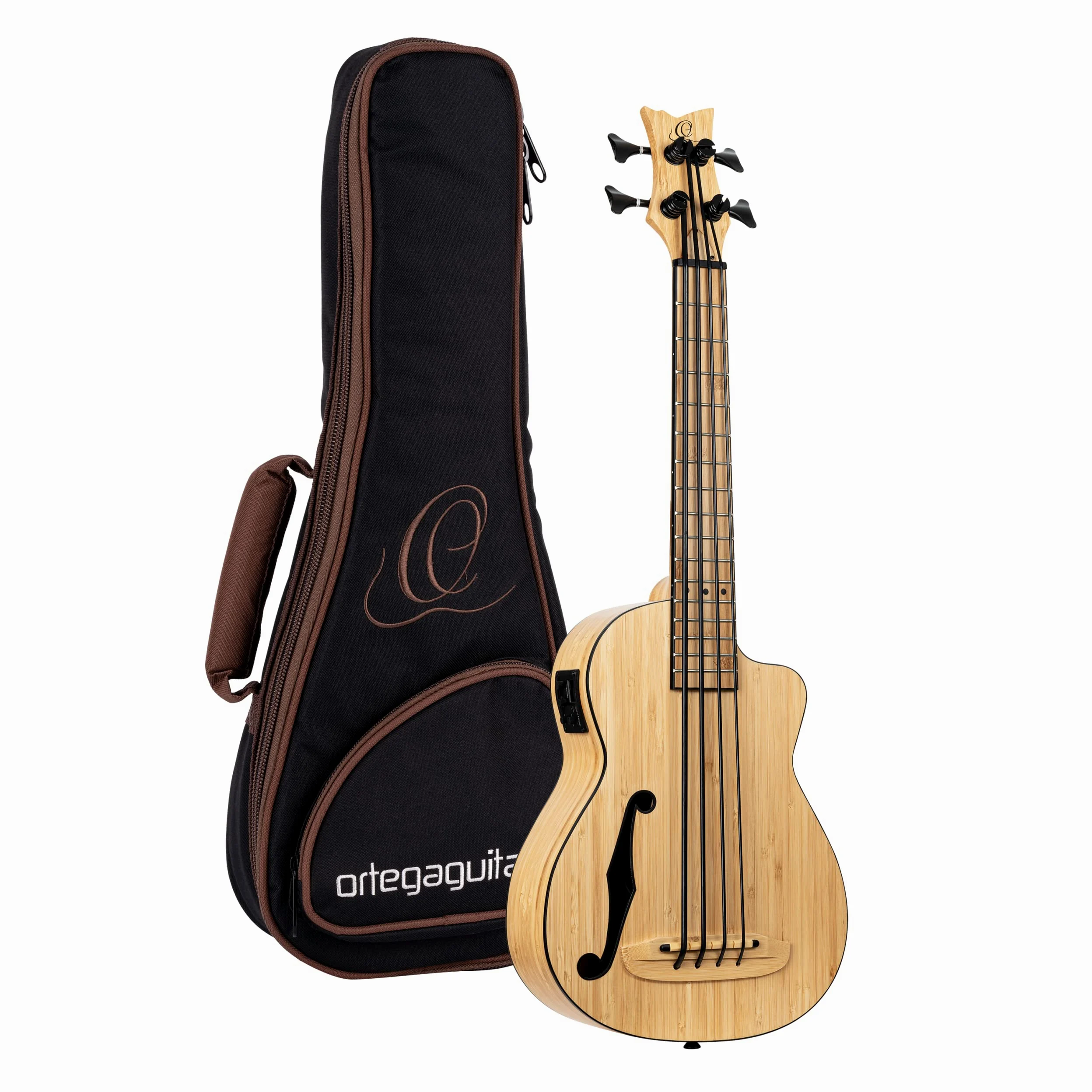 Ortega Guitars Bass Ukulele Elektro-Akustisch – F-Schallloch – Bamboo Series – Inklusive Gig Bag – Massiver Bambus, Natur (RUNAB-UB)