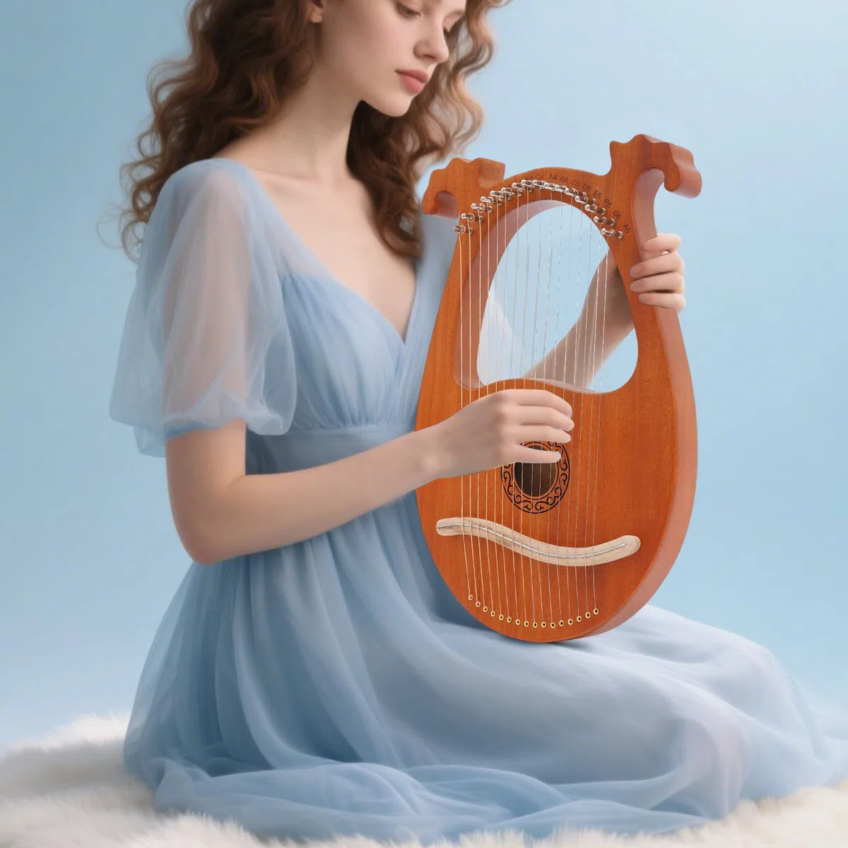 Harfe, Massives Mahagoni Saiteninstrument Instrument, Tragbare 16 Saiten Lyre Harfe, Vintage Instrument Lyra Harfe Mahagoni 16 Stahlsaiten Stimmschlüssel Pickup Set (Europäisch gemusterte Holzfarbe)