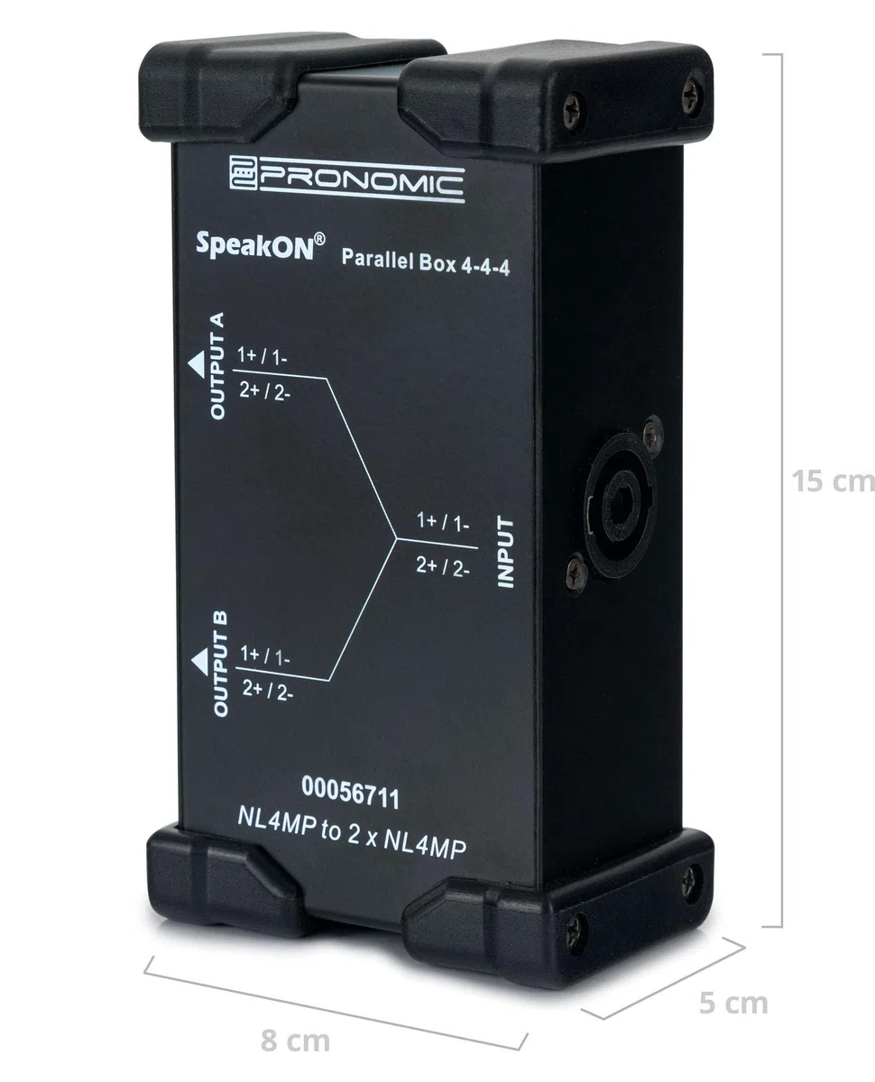Pronomic Speakon Parallel Box 4-4-4 - Splitter für Speakon-Kabel - teilt 2- und 4-polige Signal in 2 Signale auf - Original Neutrik-Buchsen - robustes Stahlgehäuse - schwarz