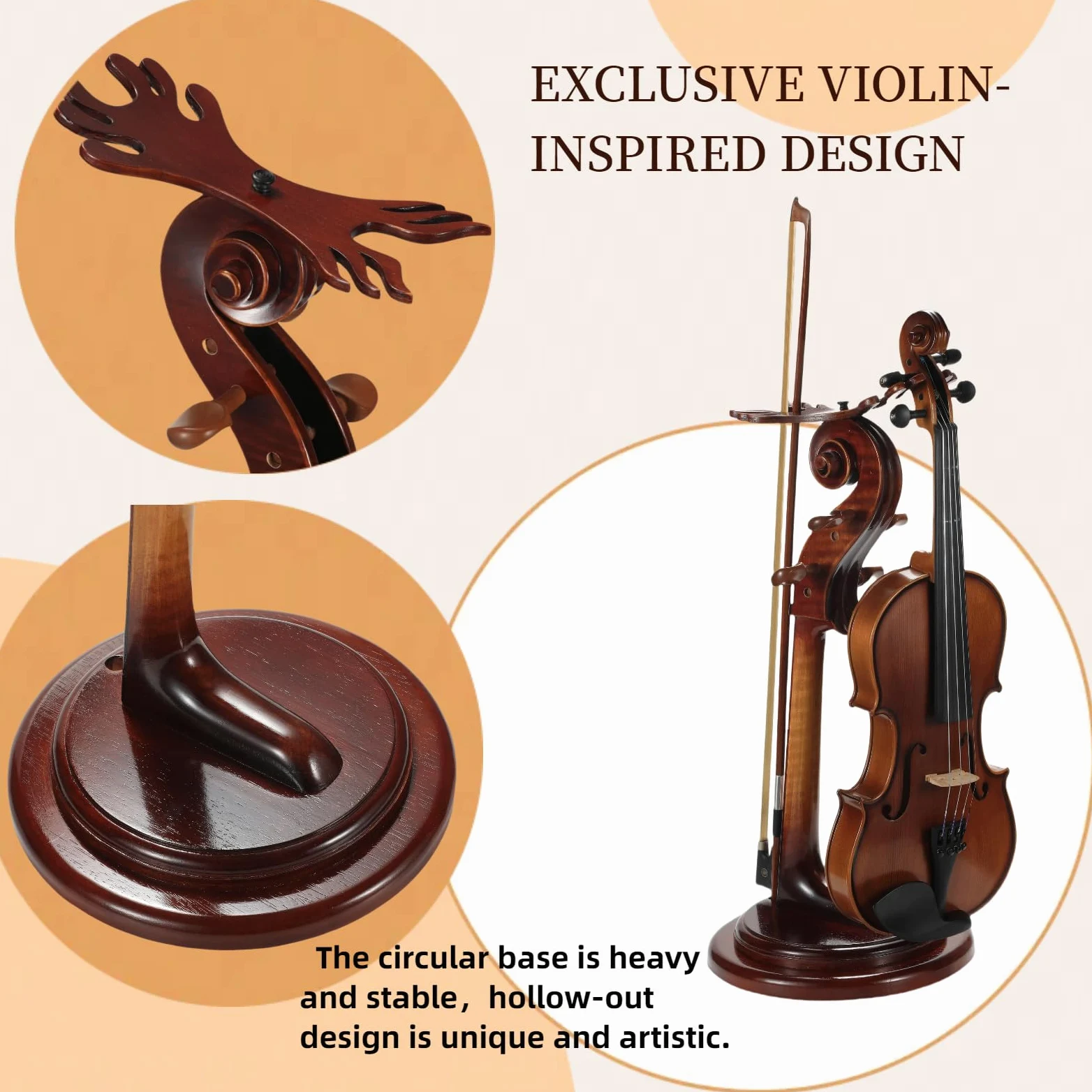 Violinenständer aus Massivholz mit Bogenhalter, keine Montage erforderlich, robustes Display in 4/4-Größe, handgefertigtes Design für Zuhause/Studio/Bühne (rund)
