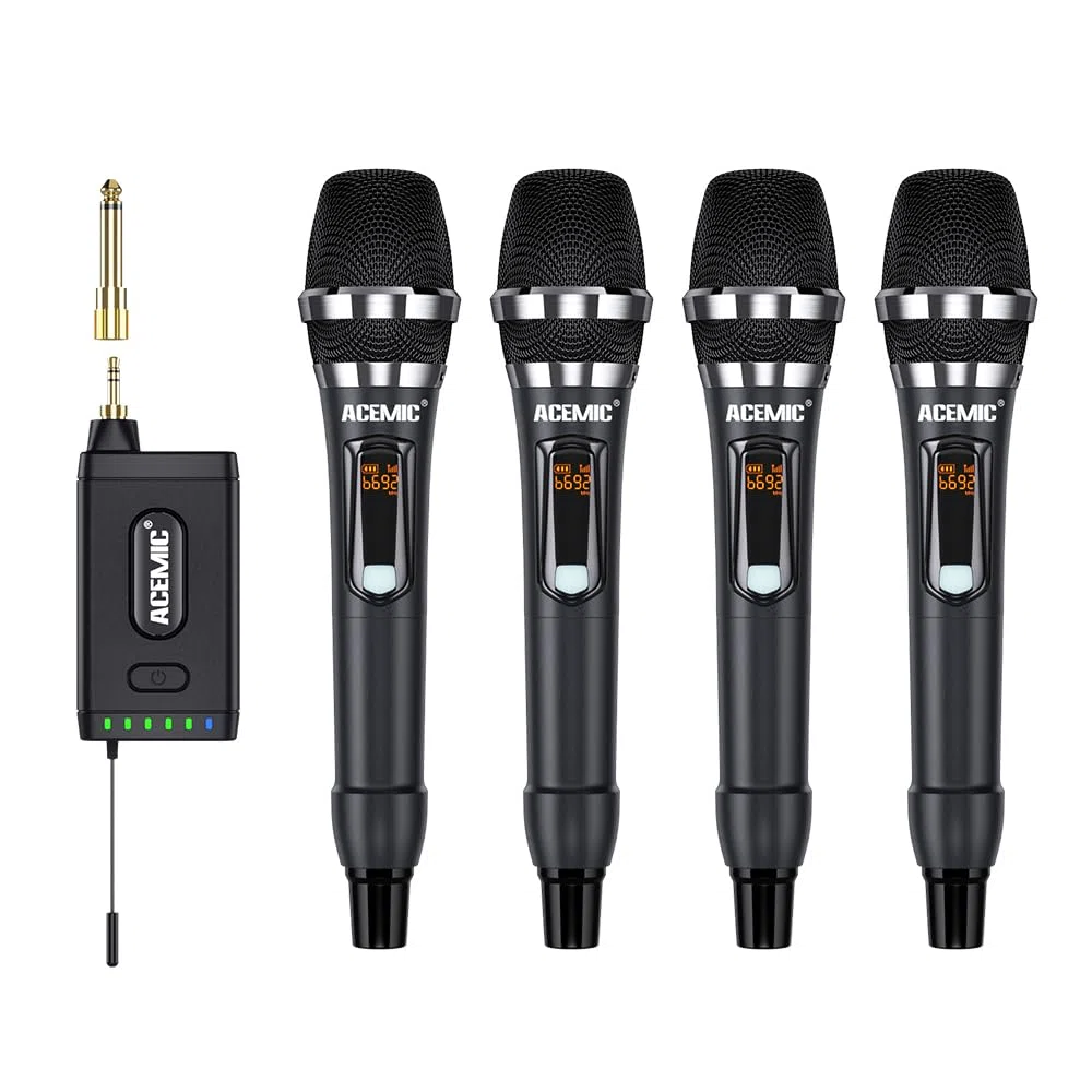UHF Drahtlosmikrofonsystem 4 Kanal Schnurlosmikrofon mit 4 dynamischen Handmikrofonen für Gottesdienste, Reden, Hochzeiten und Karaoke-Maschinen, Q4