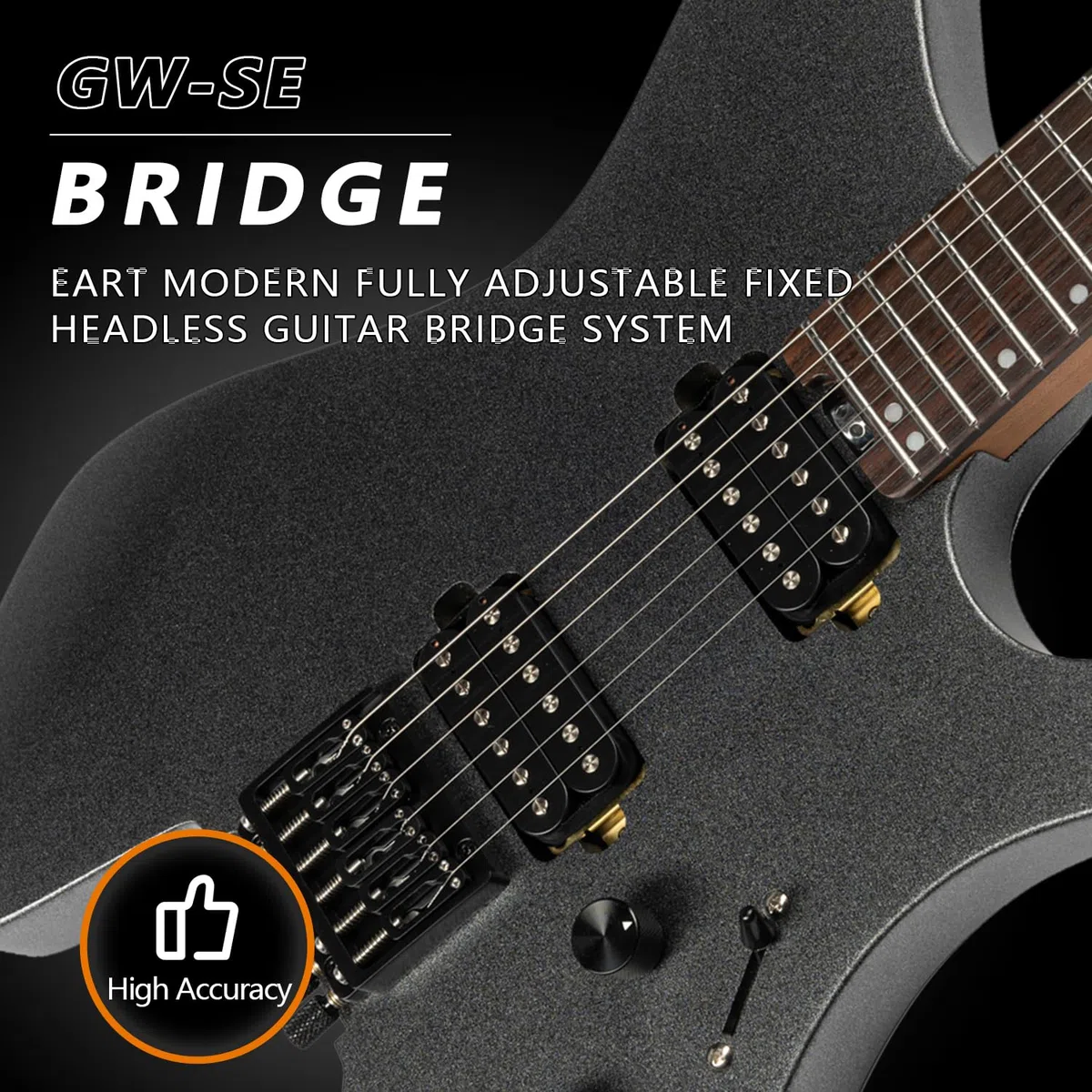 EART GW2-SE Kopflose E-Gitarre mit Eart Standard Artones-H2SE Pickups Set, Indien Palisander Griffbrett, Knochenmutter(Schwarz)