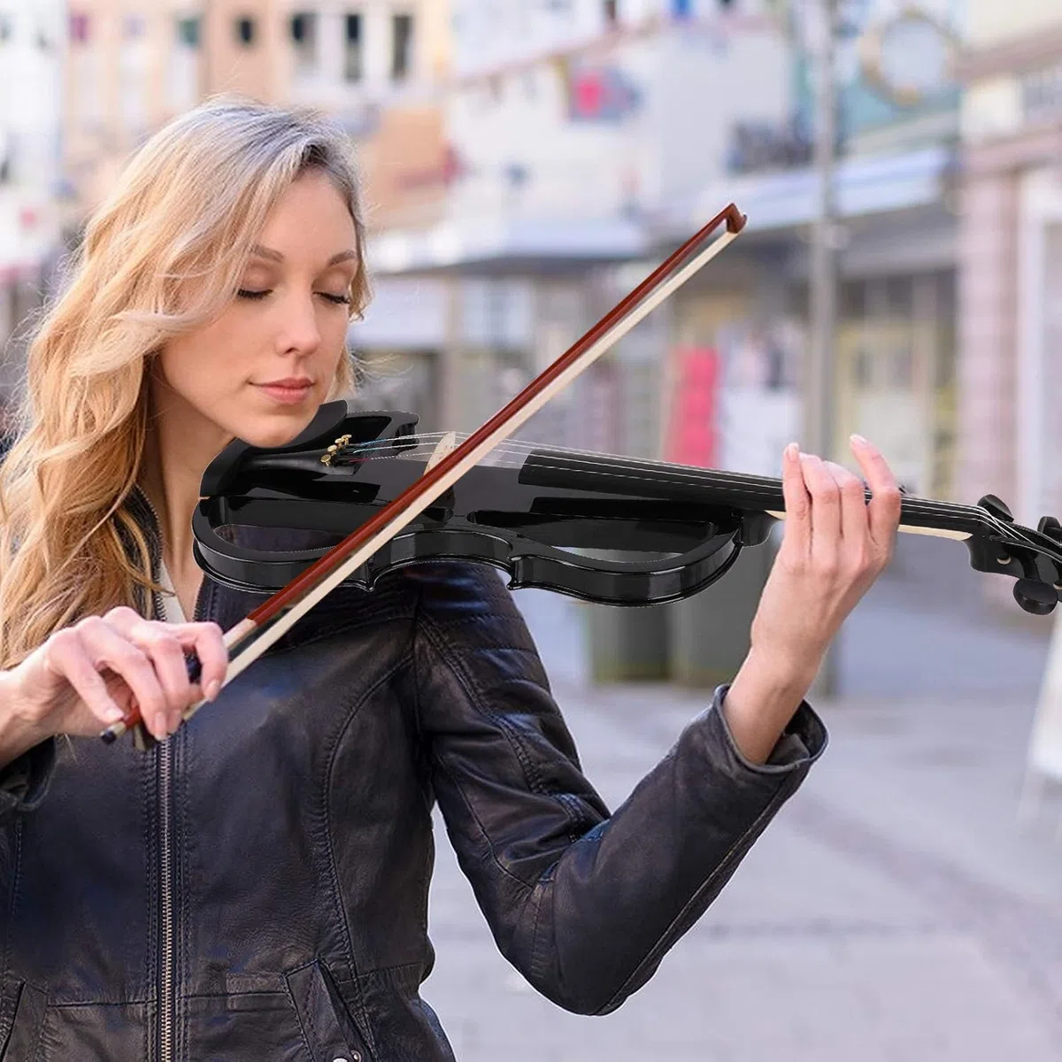 Vangoa 4/4 Elektrische Violine E Geige aus Massivem Holz Electric Stille Violine in Volle Größe mit Kolophonium, Tragetasche, Audiokabel, Schulterstütze, Bogen, Schwarz