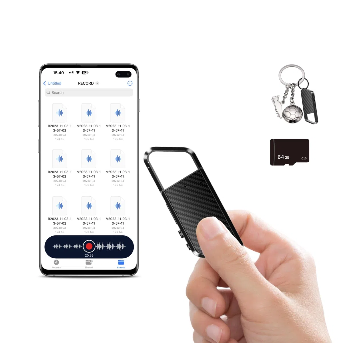 64GB Diktiergerät mit Spracherkennung –Aufnahmegerät, Mobile Rekorder mit DSP5.0 OTG-fähig, 6000h Inhalte-Lange Aufnahmen Voice Recorder, diktiergerät mini für Meeting/Interview/Vorlesungen