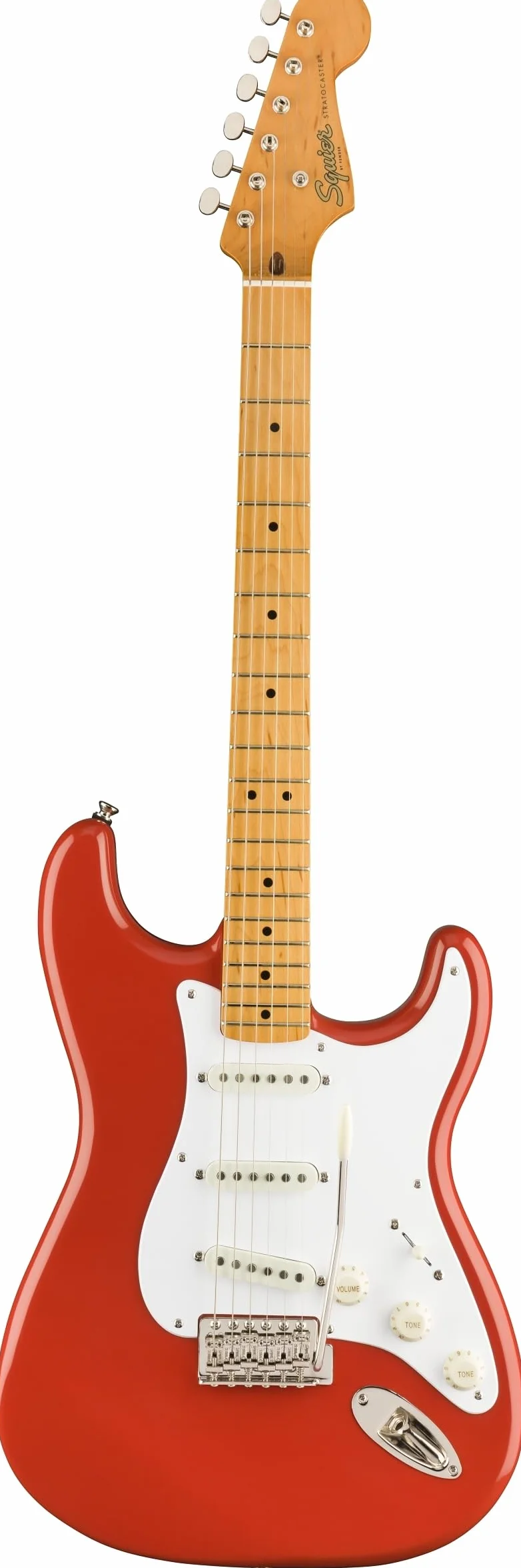 Squier by Fender Classic Vibe '50s Stratocaster, Fiesta Red – E-Gitarre, Vintage-Style, Ahorn-Griffbrett, Erle-Korpus, C-Halsprofil, Single-Coil Pickups, Retro-Sound, Tremolo, 21 Bünde