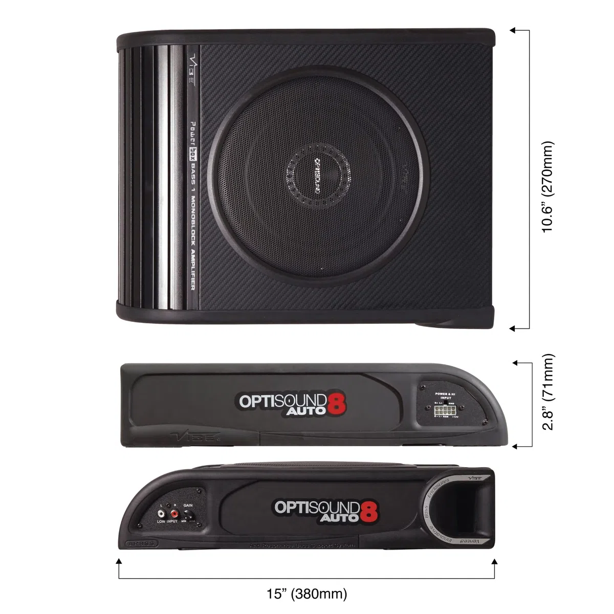 Vibe Audio Optisound Slimline 8" Untersitz-Aktiv-Bassgehäuse, OPTISOUNDAUTO8A-V2, Schwarz