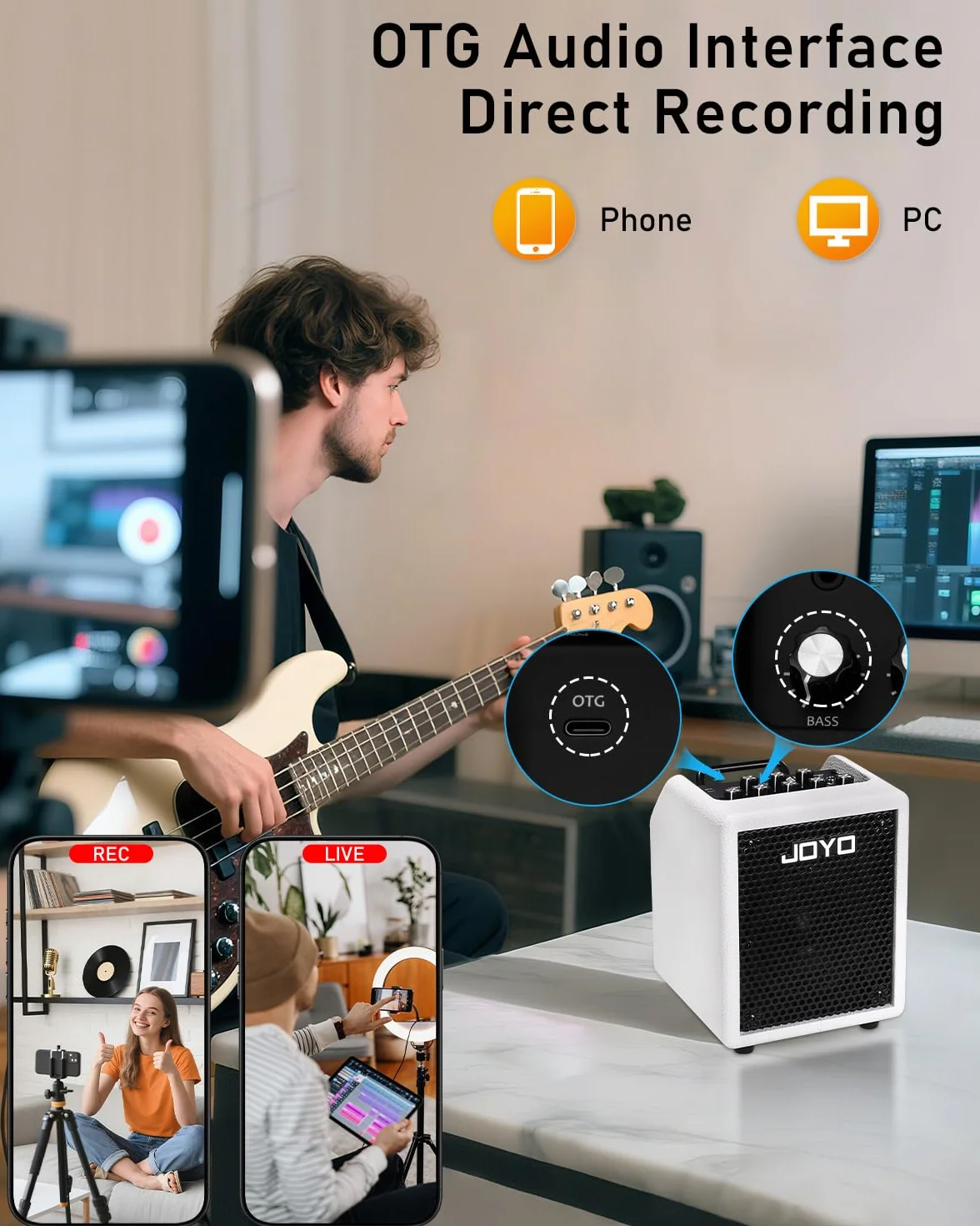 JOYO 30 W Bass-Combo-Verstärker, tragbarer Verstärker 4-Zoll-Lautsprecher mit 3-Band-EQ und Kompressor | Bluetooth 5.1 + OTG-Direktaufnahme | Üben mit Kopfhörer für Bassisten, Solokonzerte und Livestr