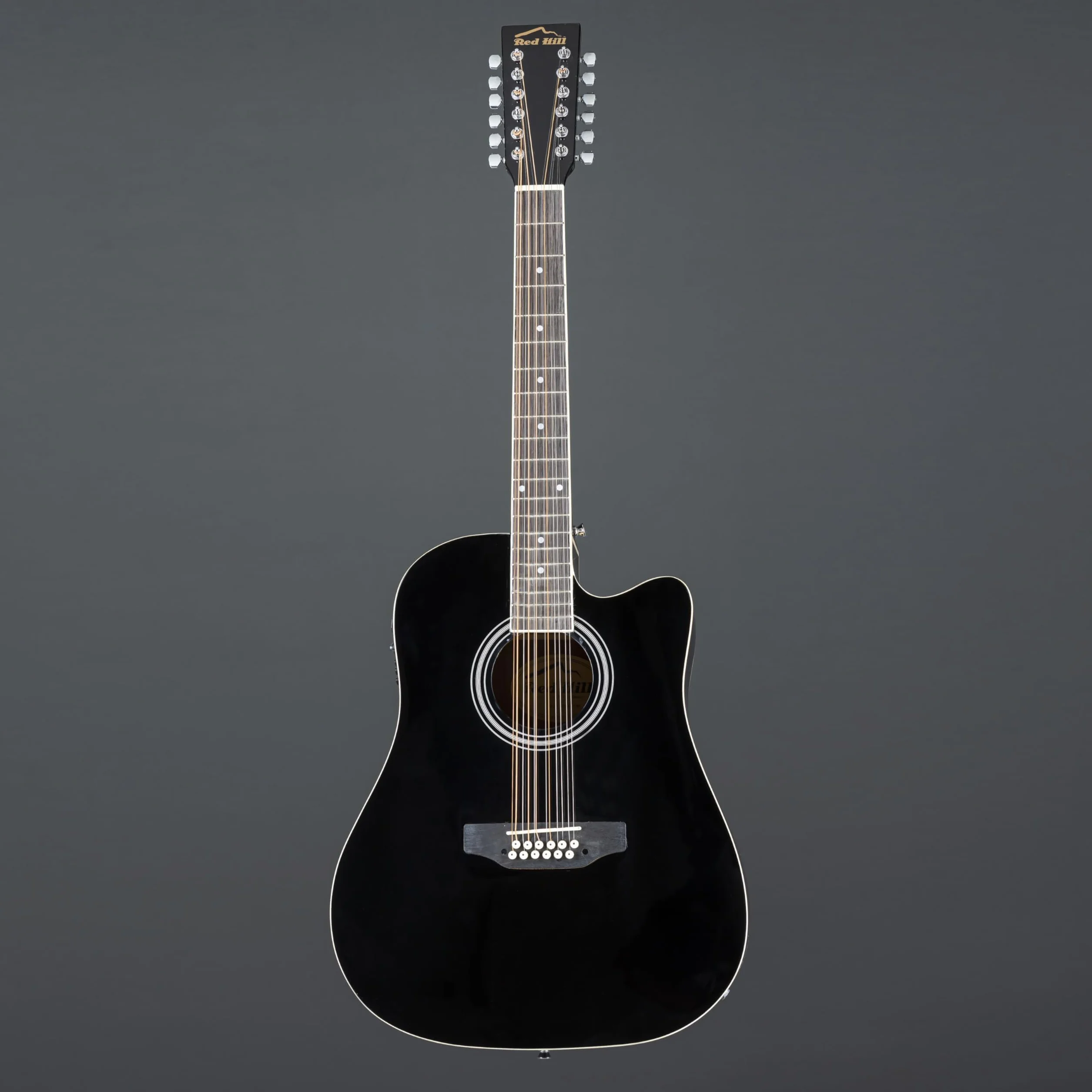 Red Hill AF-8 12-String Dreadnought Cutaway Westerngitarre, Schwarz, X-Bracing, Sapele-Korpus, Composite-Griffbrett, 20 Bünde