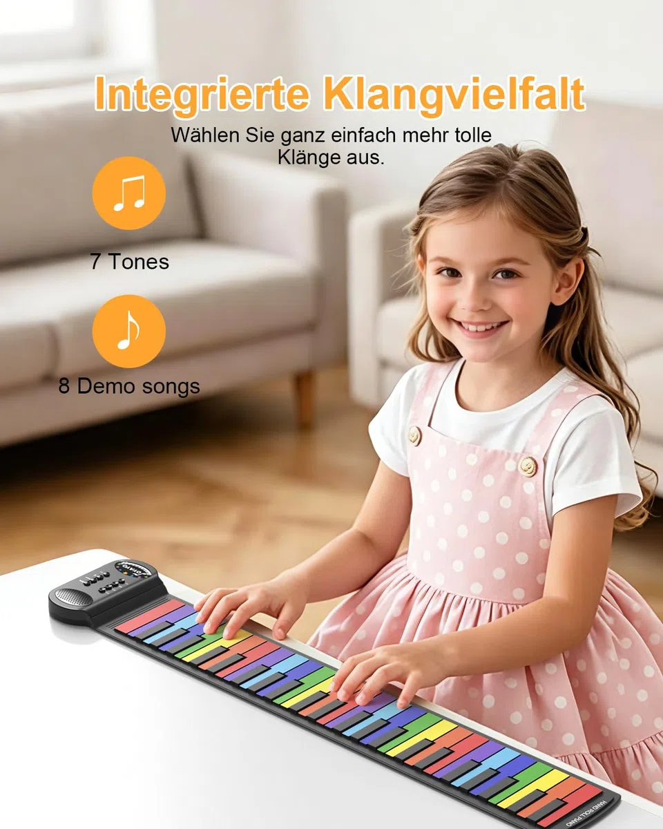 49 Tasten Roll up Faltbares Piano Klavier für Anfänger, Regenbogen Electronic Keyboards mit 8 Töne 6 Demos, Wiederaufladbar Silikon Mini Klavier mit Aufnahme Monitor modus