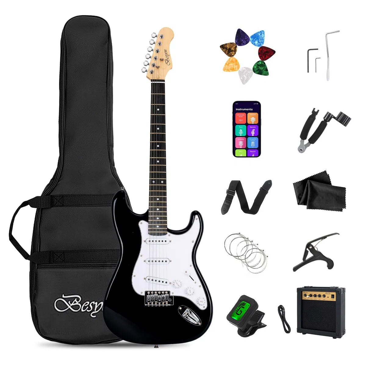 E-Gitarre 39 Zoll Anfänger E-Gitarre Kits mit Verstärker Classic SSS Tonabnehmer Komplett mit Gigbag Tuner Kapodaster Gurt Plektren Gitarrensaitenwickler Schwarz