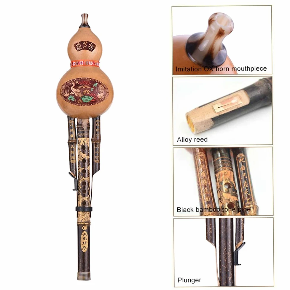 Schwarze Kürbisflöte, chinesische handgefertigte schwarze Hulusi-Kürbis-Flöte, ethnisches Musikinstrument, Tonart C, mit Etui für Musikliebhaber