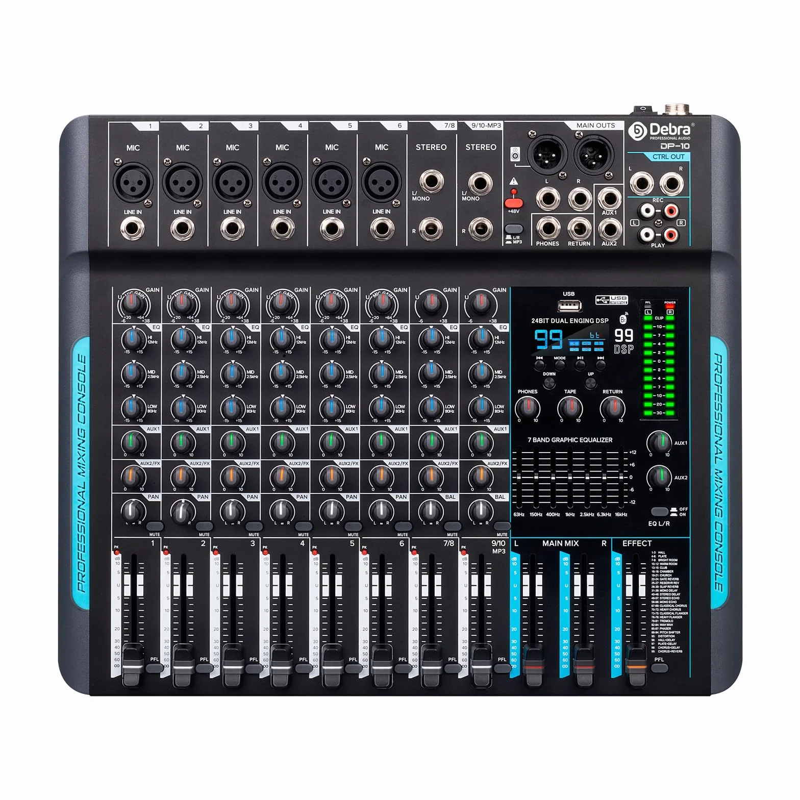 Audio Mixer Professioneller,10 Kanal Stereo Sound Mischpult mit 99 DSP-Reverb/7-Band-Gleichgewicht/USB-Anschluss,Eingang 48 V Phantomspeisung,Ein Klick stumm,für Aufnahme DJ Bühne Musik Anwendung