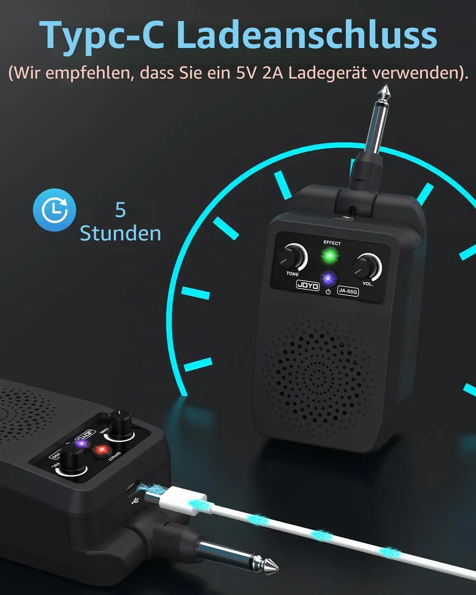JOYO Mini Gitarrenverstärker 5W tragbar - Wiederaufladbarer Bluetooth-Kombi-Verstärker mit integrierten Effekten (Clean, Overdrive, Distortion, Reverb) Kompakter Übungsverstärker für E-Gitarre Plug in