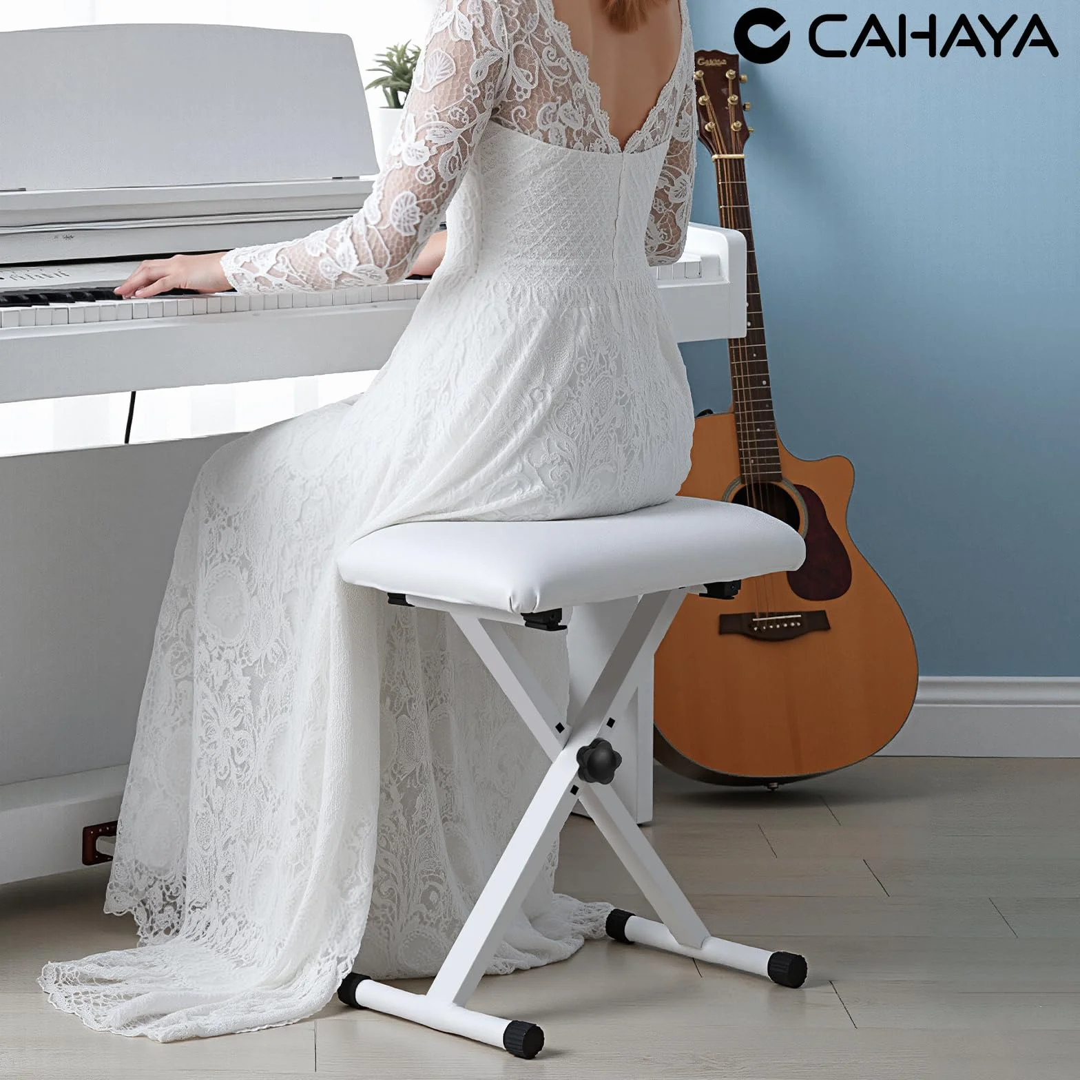 CAHAYA keyboardbank 3-Fach höhenverstellbar klavierbank klappbarer Klavierhocker X-förmig Klavier Sitzbank Pianobank stabil Piano Stool Gepolsterter Klavierstuhl Weiß CY0257-1