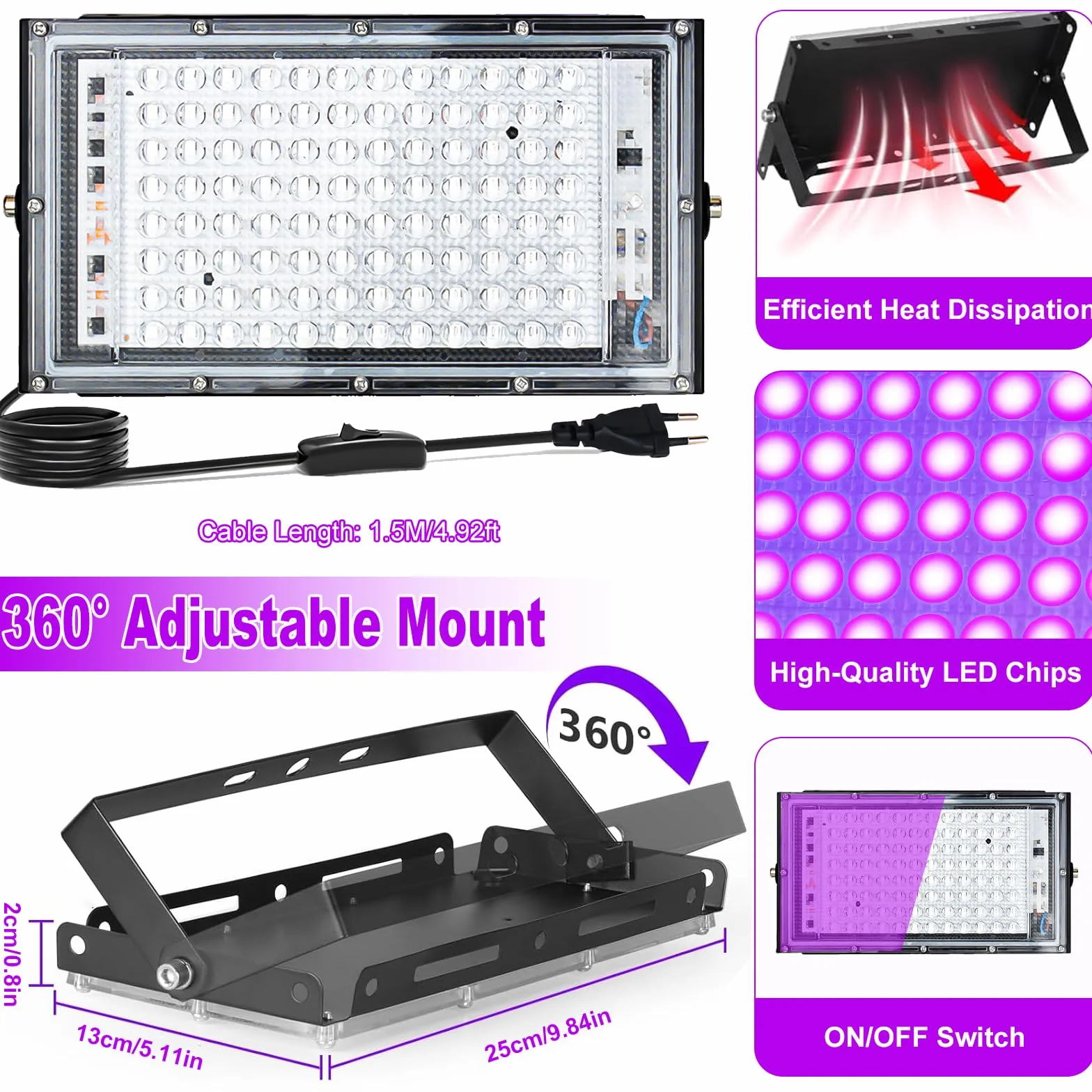 LED Schwarzlicht Strahler 100W, Indmird 2 Stück Schwarzlichtlampe mit Stecker, IP66 Wasserdicht UV strahler mit Stecker, 395-400nm UV Flutlicht Partylicht für Bar,Disco,GLOW Party,Halloween, Aquarium