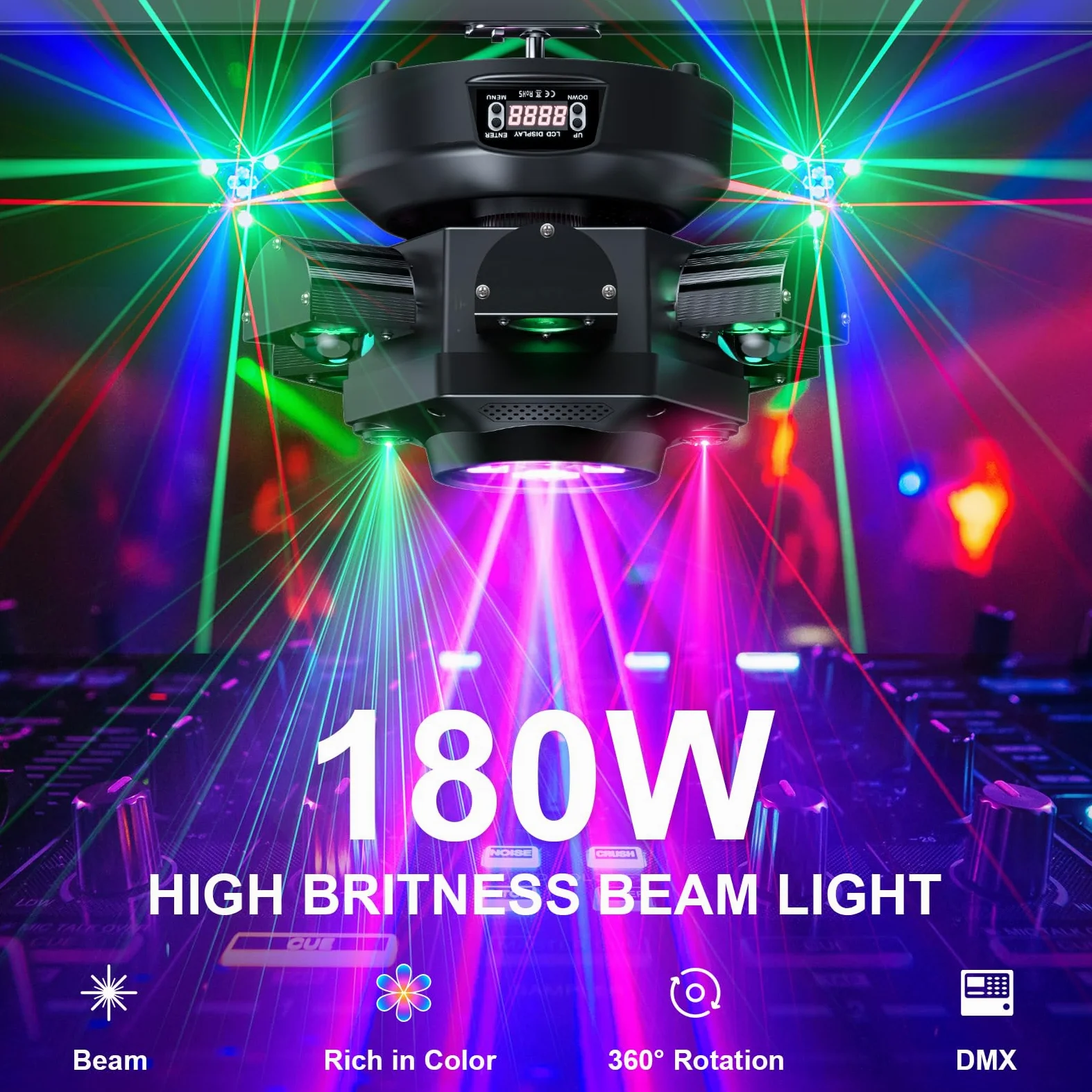 UKing 180W Moving Head Licht,Partylicht Scheinwerfer RGBW LED Strahler Bühnenlicht mit dmx512 Soundaktivierter Lichteffekt mit 6 Lichtarmen für Weihnachten DJ Bar Geburtstag Disco Hochzeit