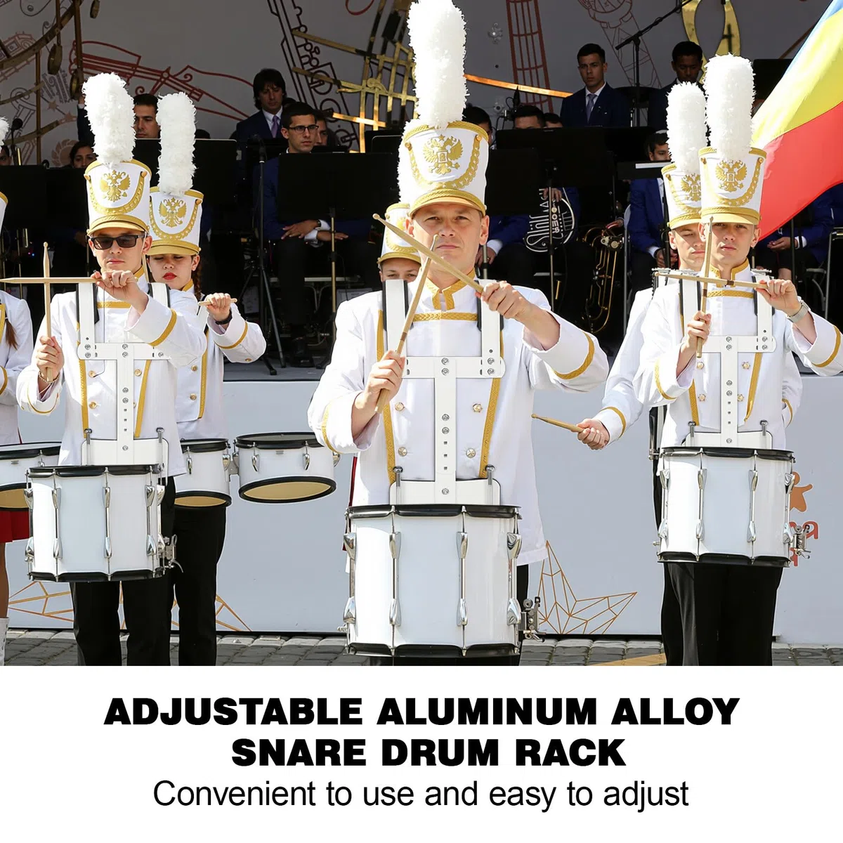 Verstellbarer Snare Drum Carrier Aus Aluminiumlegierung Mit Schultergurt Weiß FüR Marschtrommel ZubehöR Perfekt FüR Marschkapellen Und Spielmannszug