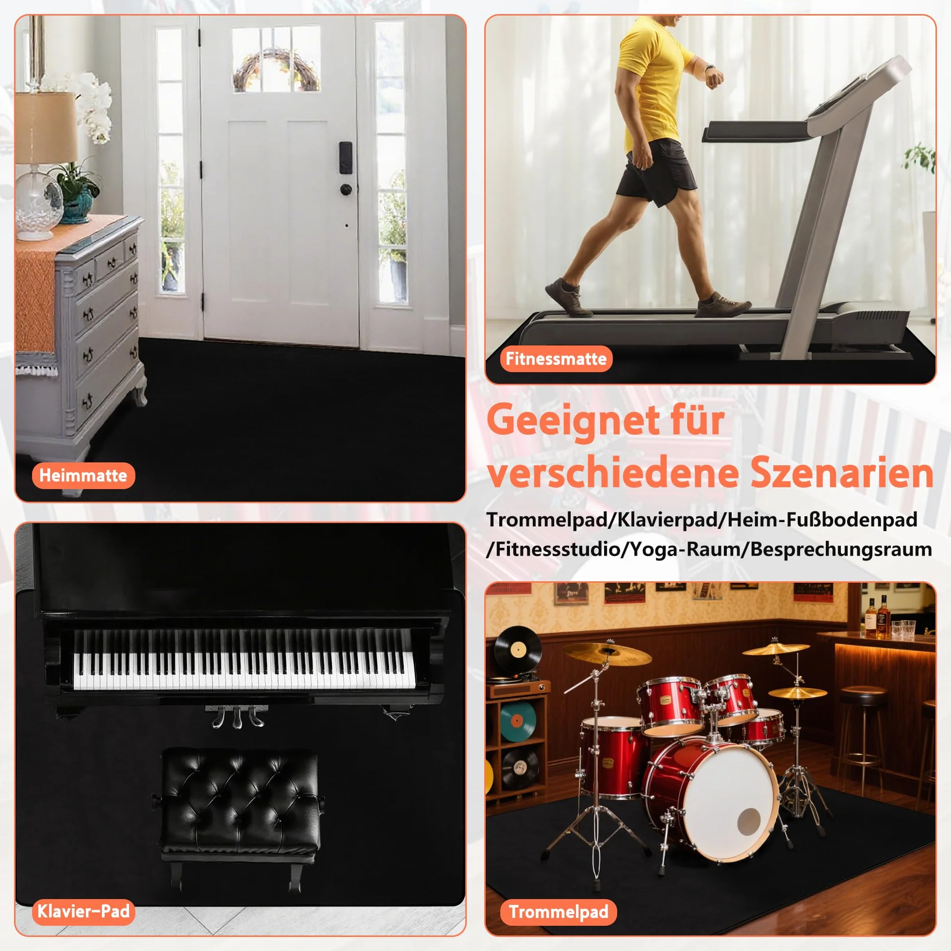 OUUTMEE Schlagzeugteppich,160 x 200 cm, rutschfeste Schlagzeugmatte, Übungsunterlage für elektronische Schlagzeuge, Schlagzeugzubehör für Jazz-Schlagzeug-Kits Bodenschutz (Schwarz)