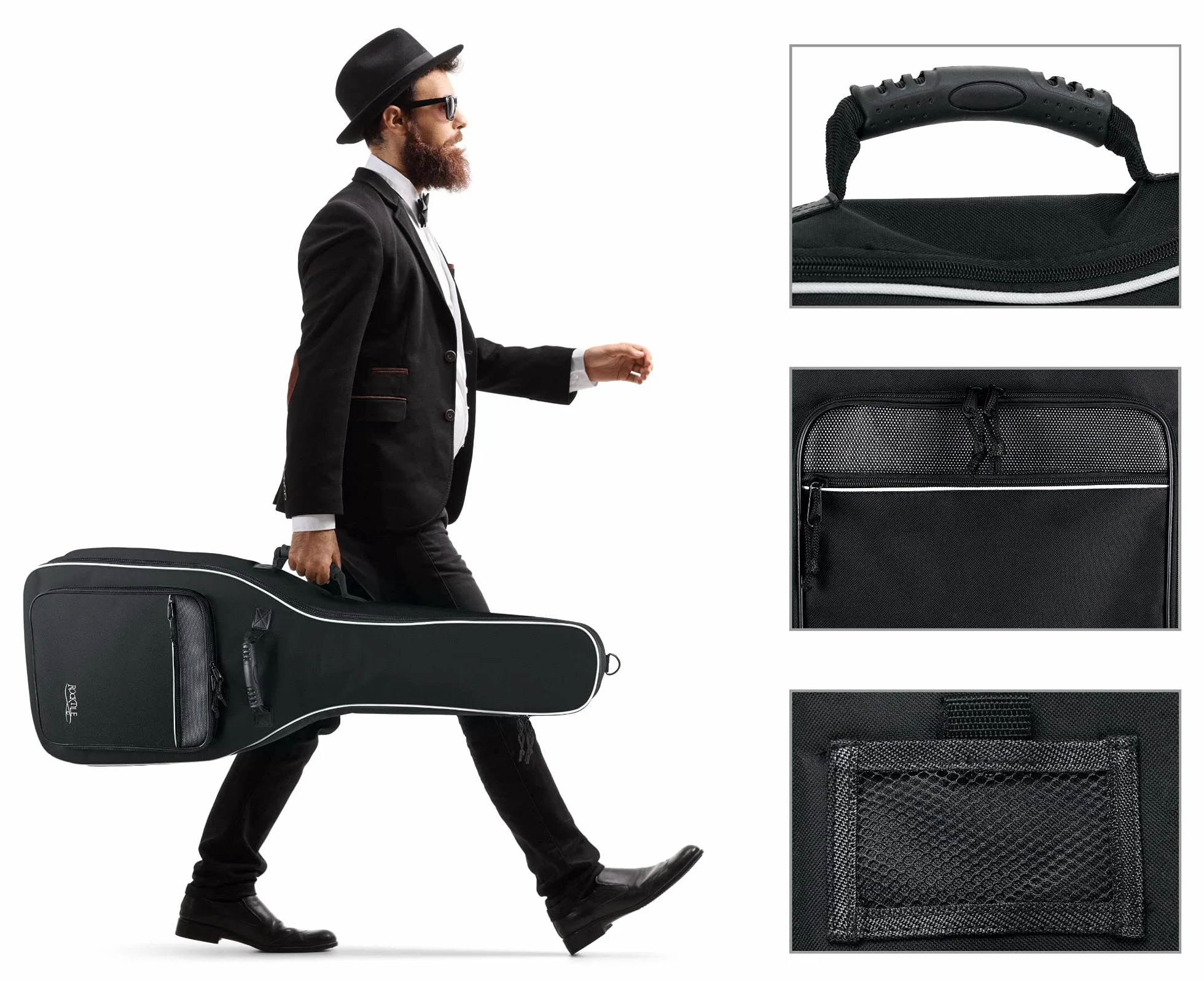 ROCKTILE Klassik-Gitarrentasche 4/4-Größe - wasserabweisender Gigbag mit weicher Polsterung und Fixierung im Halsbereich - Rucksack-Gurte - Große Aufsatztaschen für Noten und Zubehör - Schwarz