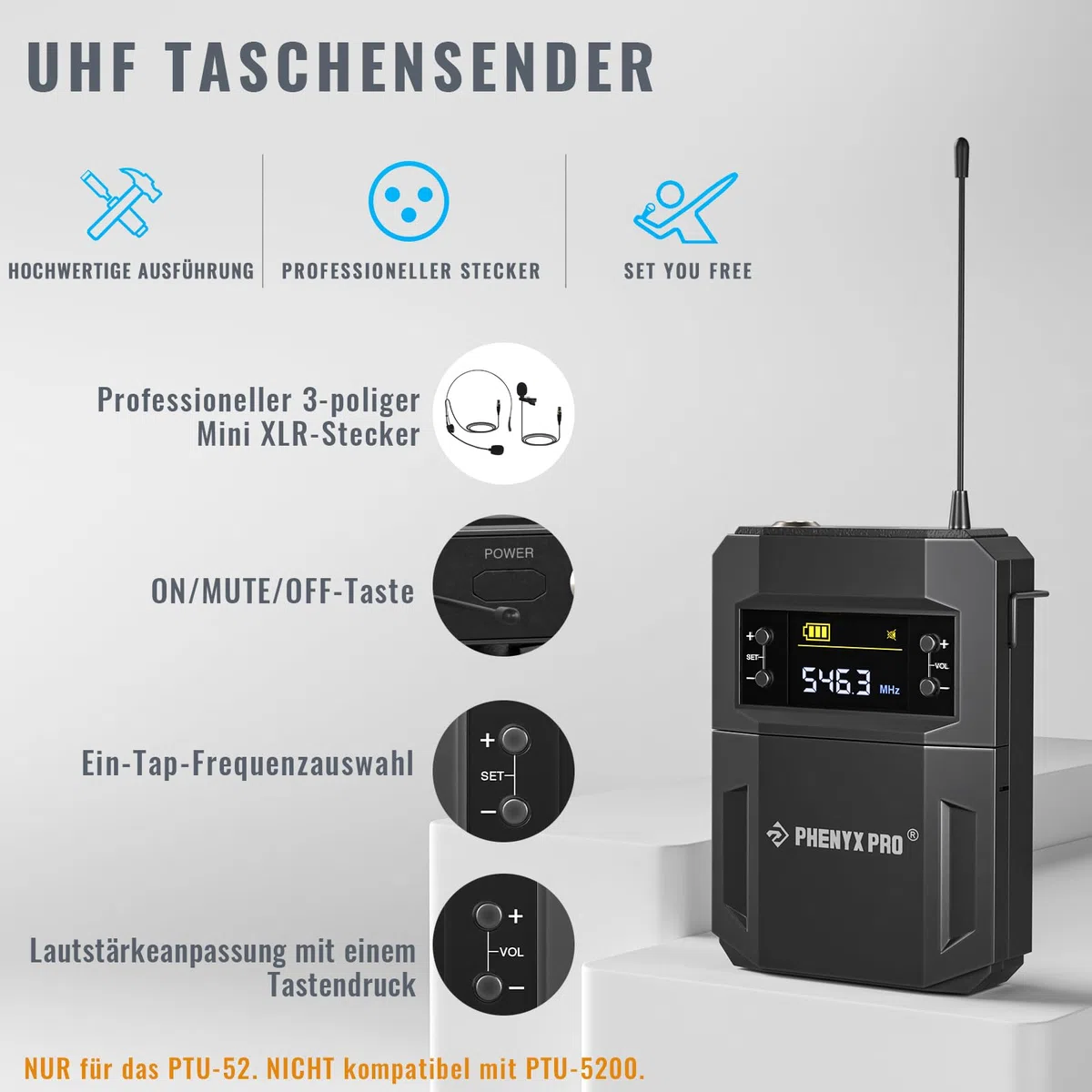 Phenyx Pro UHF Kabelloses Mikrofonsystem mit 2 x 30 abstimmbaren PTU-52-2B | schnurloses Metall-Mikrofon-Set, 61 m Reichweite, 2 Bodypacks & Headsets/Ansteckmikrofone für Sprechen, Singen, Kirche, DJ