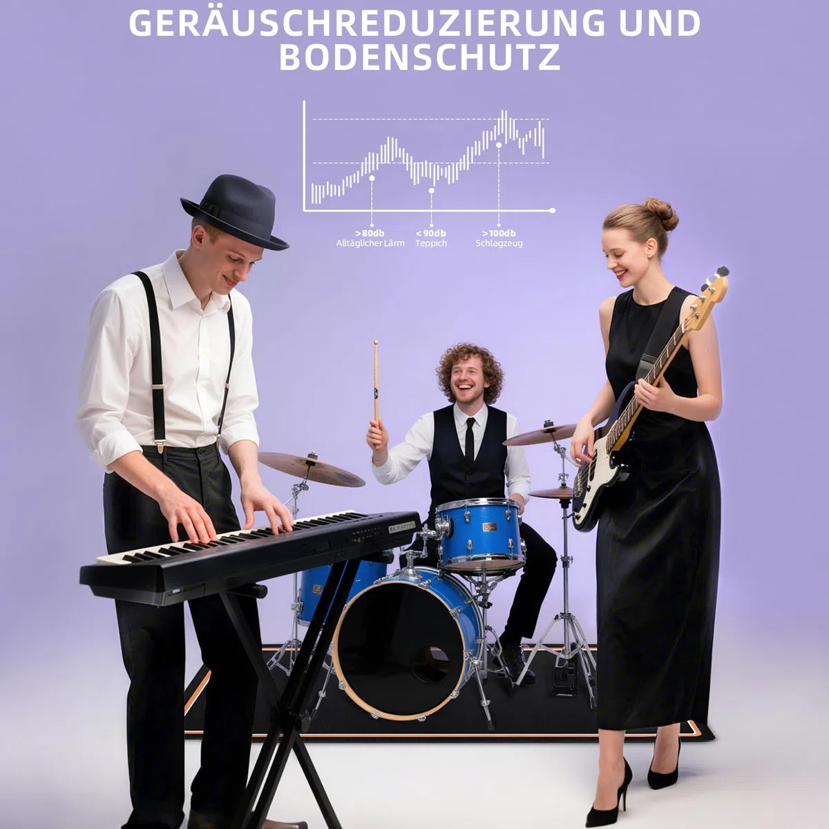 OUUTMEE Schlagzeugteppich Drum Teppich Schwarz+Orangefarbener Rand 155x122cm