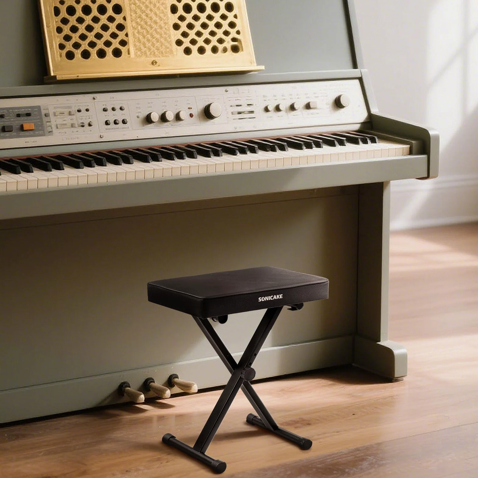 SONICAKE Klavierbank Höhenverstellbare, X-Rahmen Keyboardhocker mit 6cm Dicker Polsterung, faltbar & tragbar für Klavier, Orgel, Synthesizer Schwarz