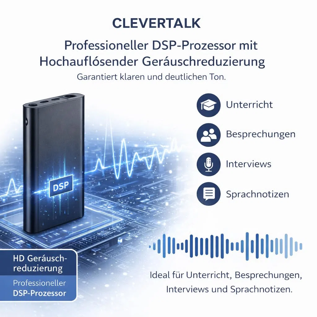 CleverTalk Q1 KI-Sprachrekorder | Sprachaktiviert | Mobile App, Mac, Windows und Web | Europäische Cloud DSGVO | 64GB | HD-Audio 1536kbps | USB-C