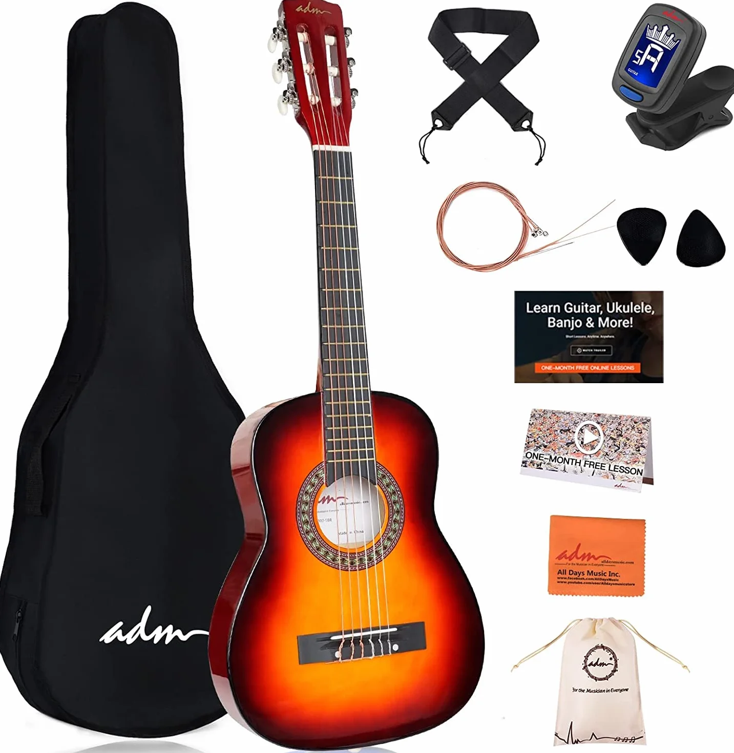 ADM 1/4 Kindergitarre Junior-Konzertgitarre für Anfänger mit Clip-Stimmgerät, Tasche, Gurt, Zusätzlichen Saiten und Plektren, Sunburst