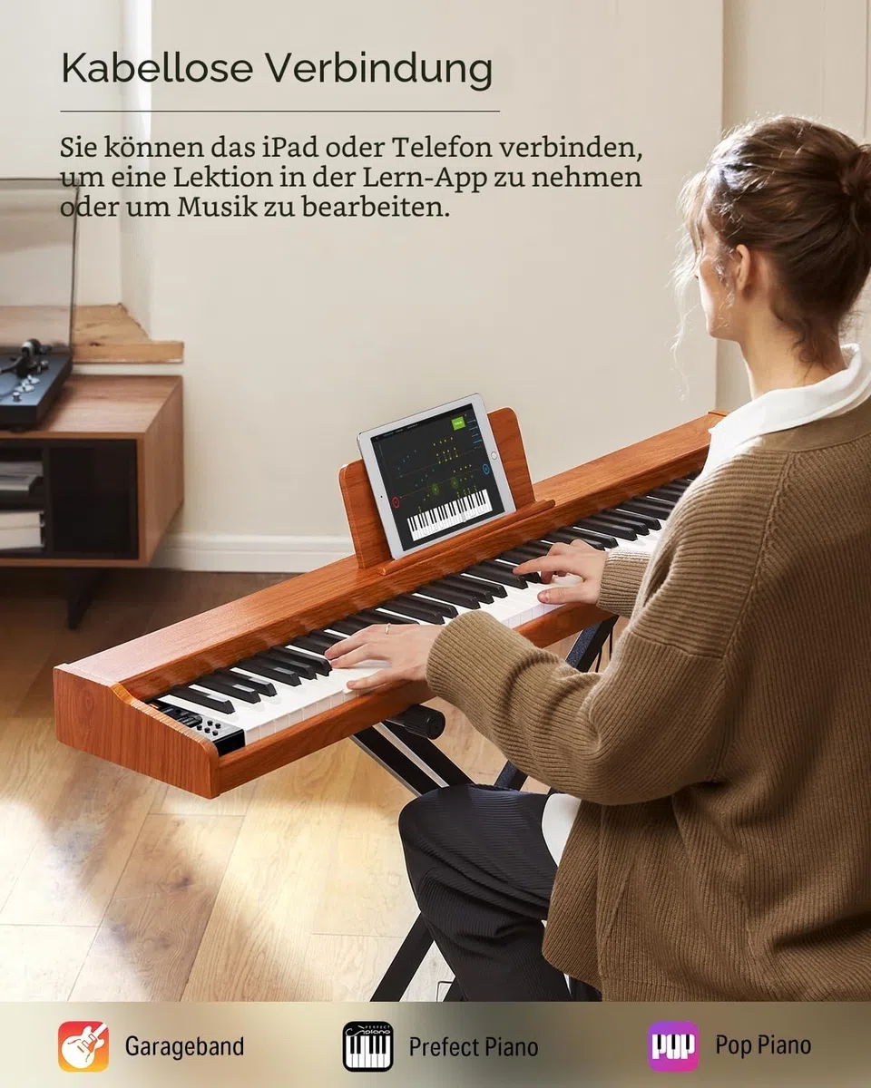 Donner DEP-1S Digitalpiano mit 88 Tasten, Anschlagdynamisches E-Piano für Anfänger, mit Bluetooth, USB-MIDI, 128 Klängen, 100 Rhythmen, Klappständer, Sustainpedal, Tastenaufkleber & Netzteil