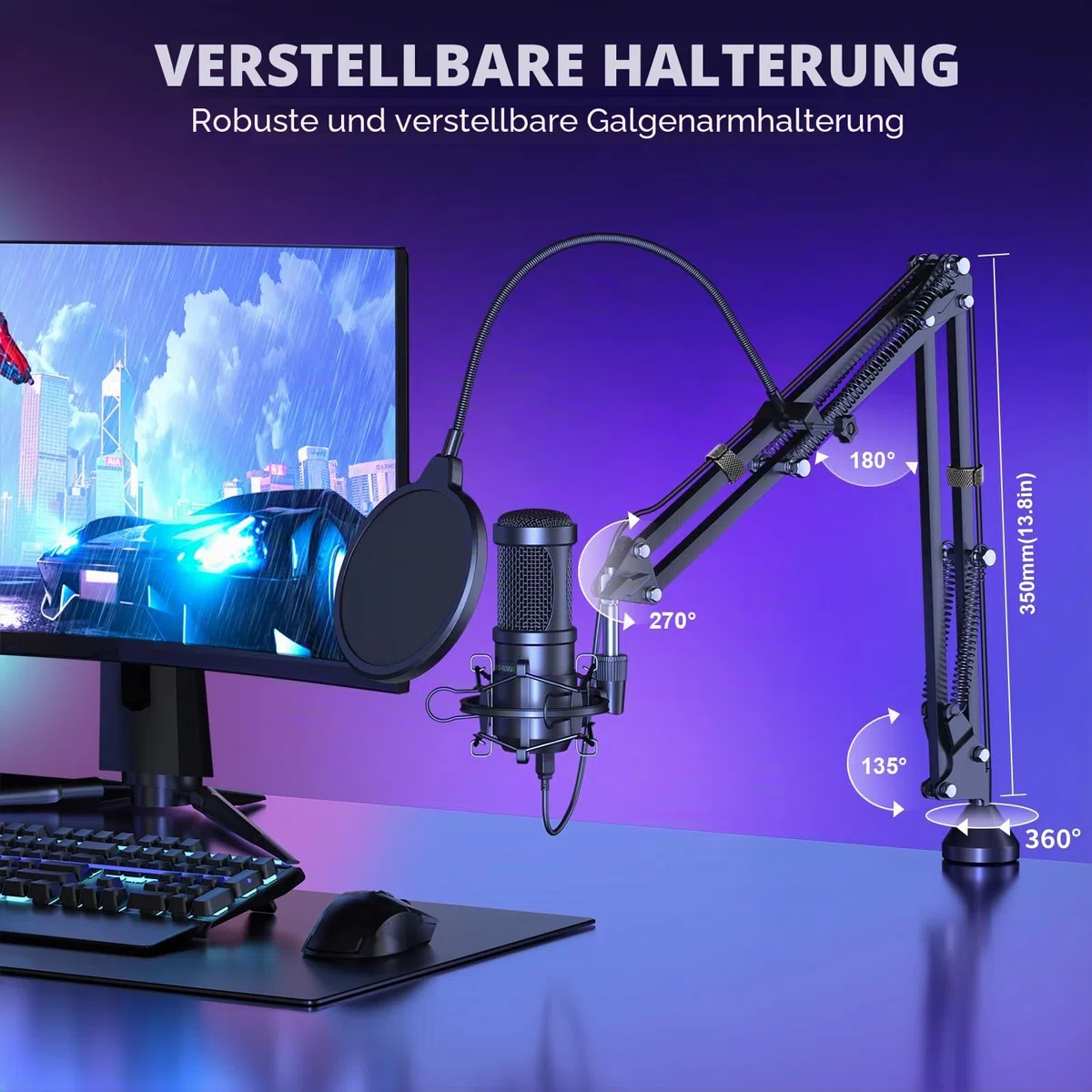 aokeo USB Mikrofon, 192kHZ / 24bit Podcast-Mikrofonsets mit Mikrofonständer, Stoßdämpferhalter, Windschutzscheibe, Popfilter, für Rundfunk, Aufnahme, YouTube,Podcasts