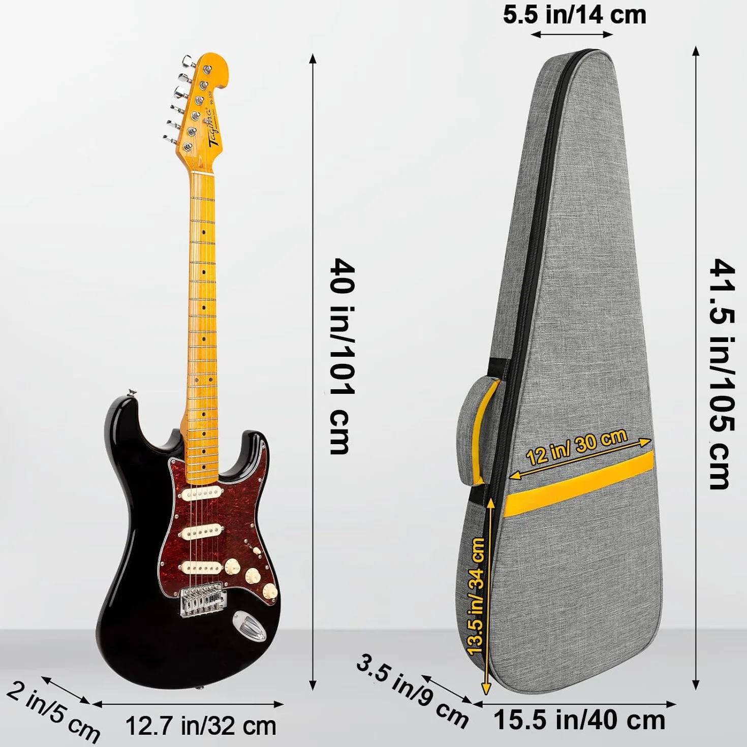 LETSROCK Tasche für E-Gitarren, Dicke Polsterung, mit Umhängeband, Verstellbarer Schultergurt, wasserdicht, gelbe Blitzform und Schwarze E-Gitarren-Gigbag