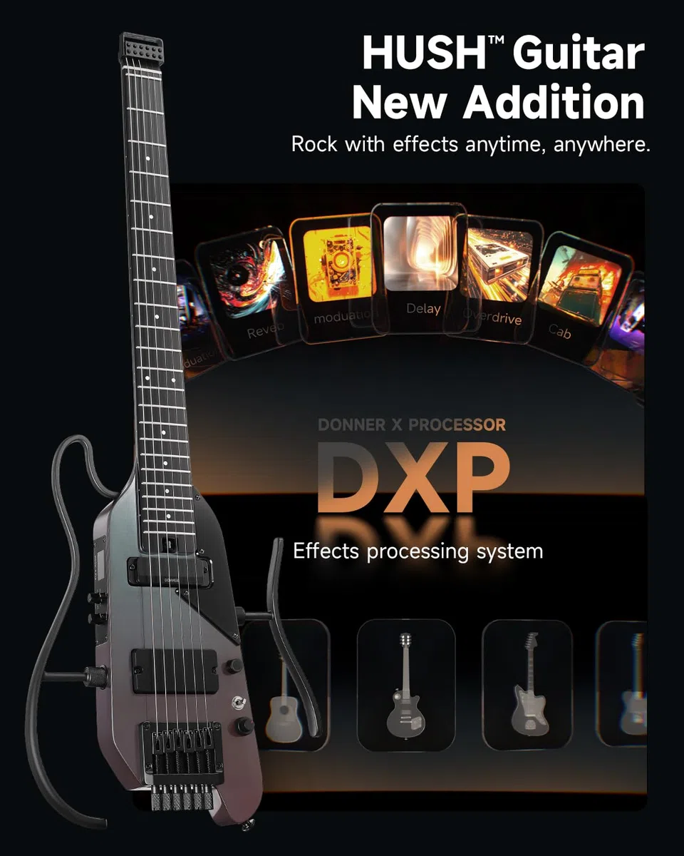 Donner HUSH X PRO E-Gitarren-Kit – Intelligente Reisegitarre mit Dutzenden voreingestellter Kombinationen, 7 Tone Sim Optionen, Midnight Glow