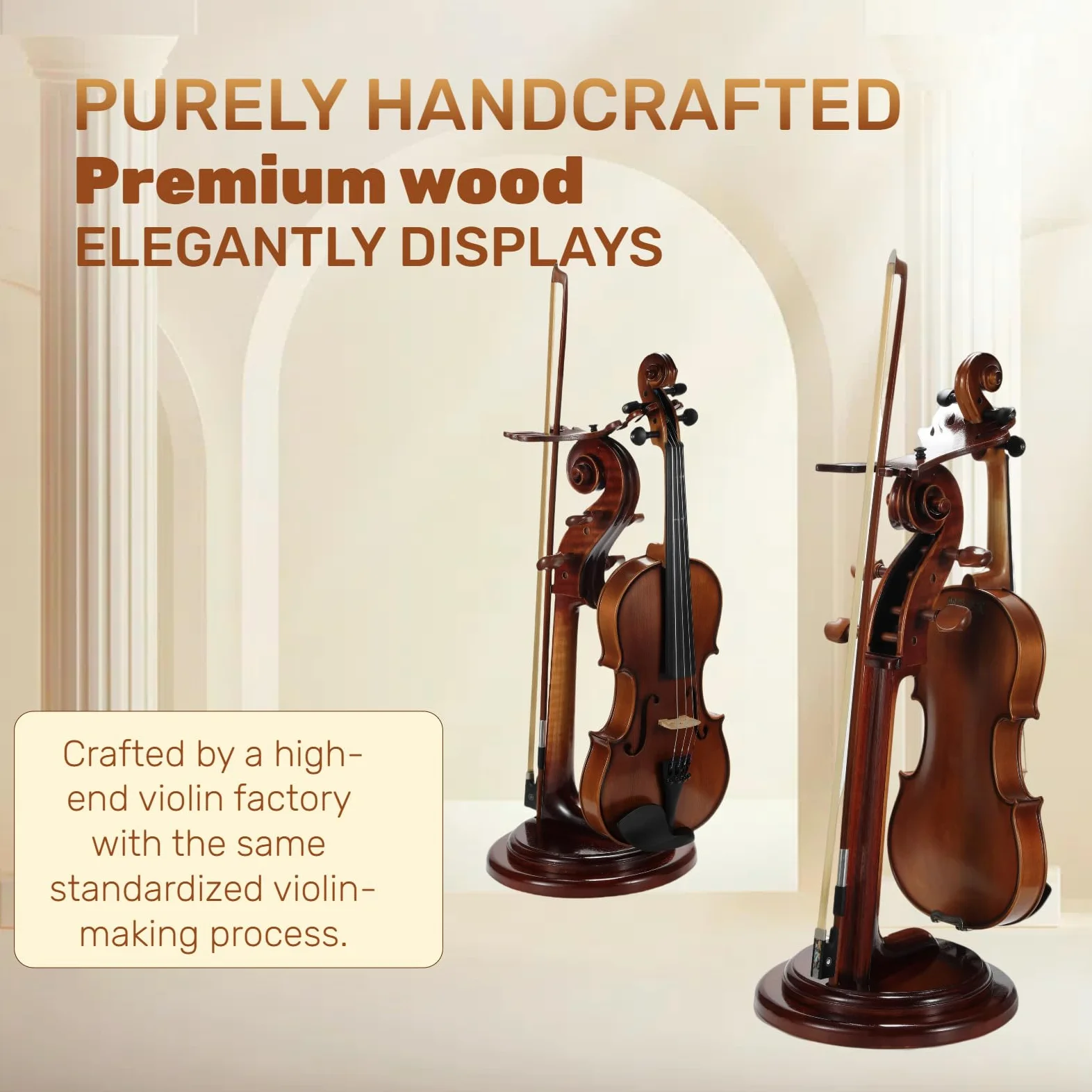 Violinenständer aus Massivholz mit Bogenhalter, keine Montage erforderlich, robustes Display in 4/4-Größe, handgefertigtes Design für Zuhause/Studio/Bühne (rund)