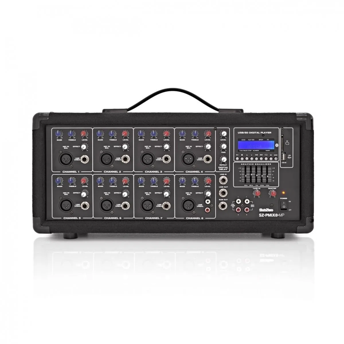 SubZero Powered Mixer mit Media Player &Bluetooth 200W RMS | 8 Kanäle mit XLR- und Klinkeneingängen, 200W RMS/280W Spitze, integrierter MP3-Player mit Bluetooth, 2-Band-EQ pro Kanal