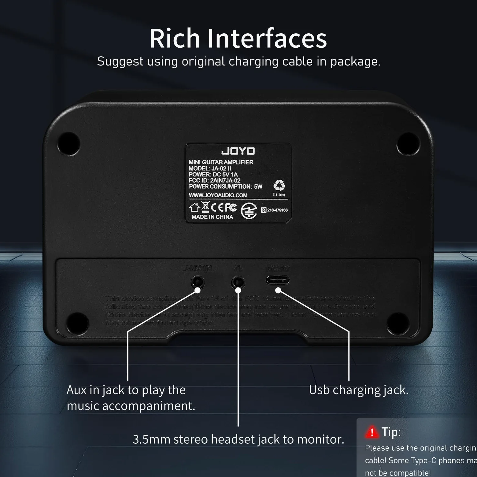 JOYO Mini Gitarrenverstärker 5W Verstärker für E-Gitarre Kleiner Gitarrenverstärker mit Bluetooth-Kanälen Clean und Overdrive Wiederaufladbar Tragbar (JA-02 II Schwarz)