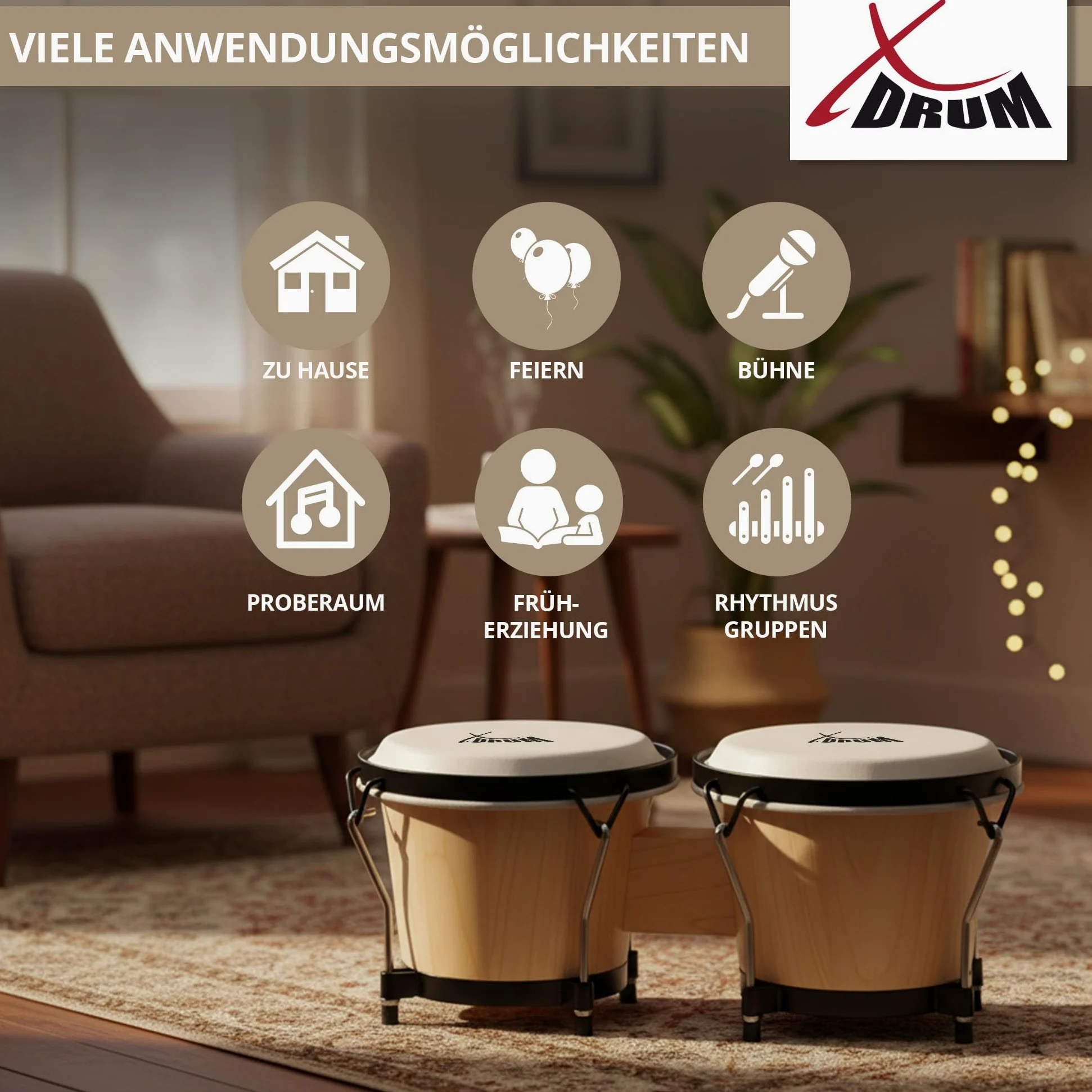 XDrum PERC Bongos Club Natur - 2 Trommeln mit 6" und 7" - Bongotrommeln mit stimmbaren Naturfellen und Stimmschlüssel - Holztrommeln Natur - Set inkl. gepolsterter Bongotasche aus Nylon