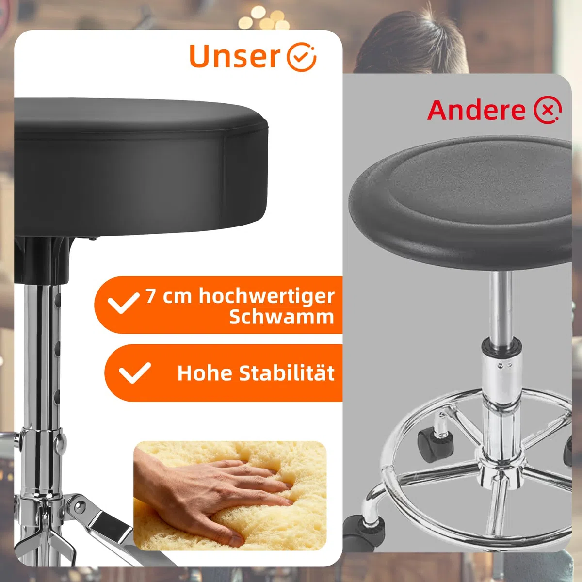 OUUTMEE Drum Throne Drumhocker, gepolsterter Sitz, 46 bis 58CM, höhenverstellbar, runde Oberseite, Drum Chair mit Stabiler Stativbasis, Percussion und Keyboardspieler