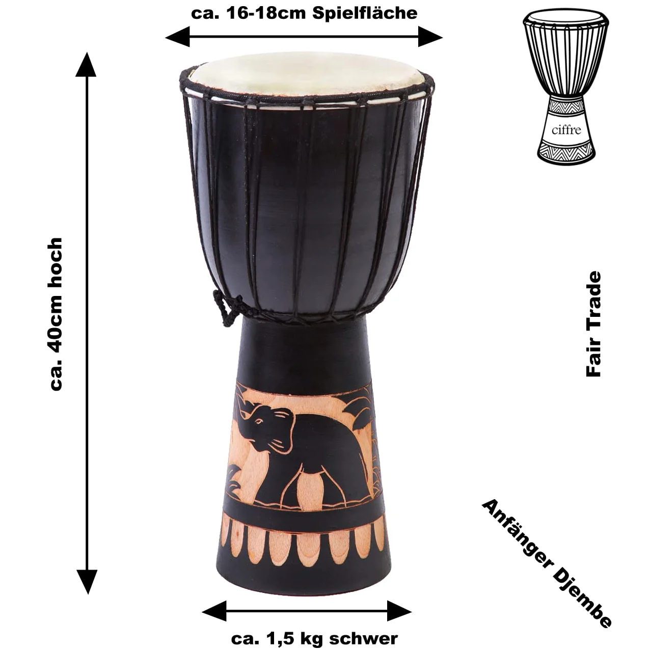 40cm Djembe Trommel Bongo Elefant Schwarz Anfänger Kinder Guter Klang