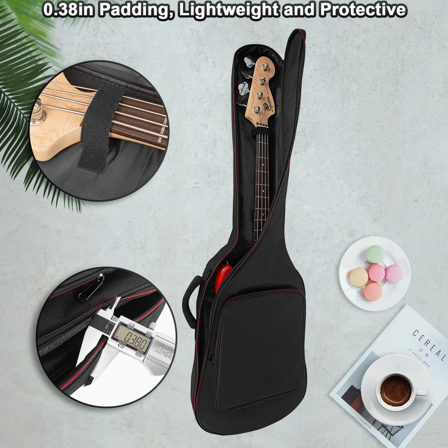 Tasche für Bassgitarre, 10 mm Polsterung, wasserdicht, E-Bass, Gigbag Rucksack mit Nackenschutzgurt und Tasche, verstellbarer Schultergurt, Schwarz, Schwarz , Bass Guitar Bag-Red Zipper