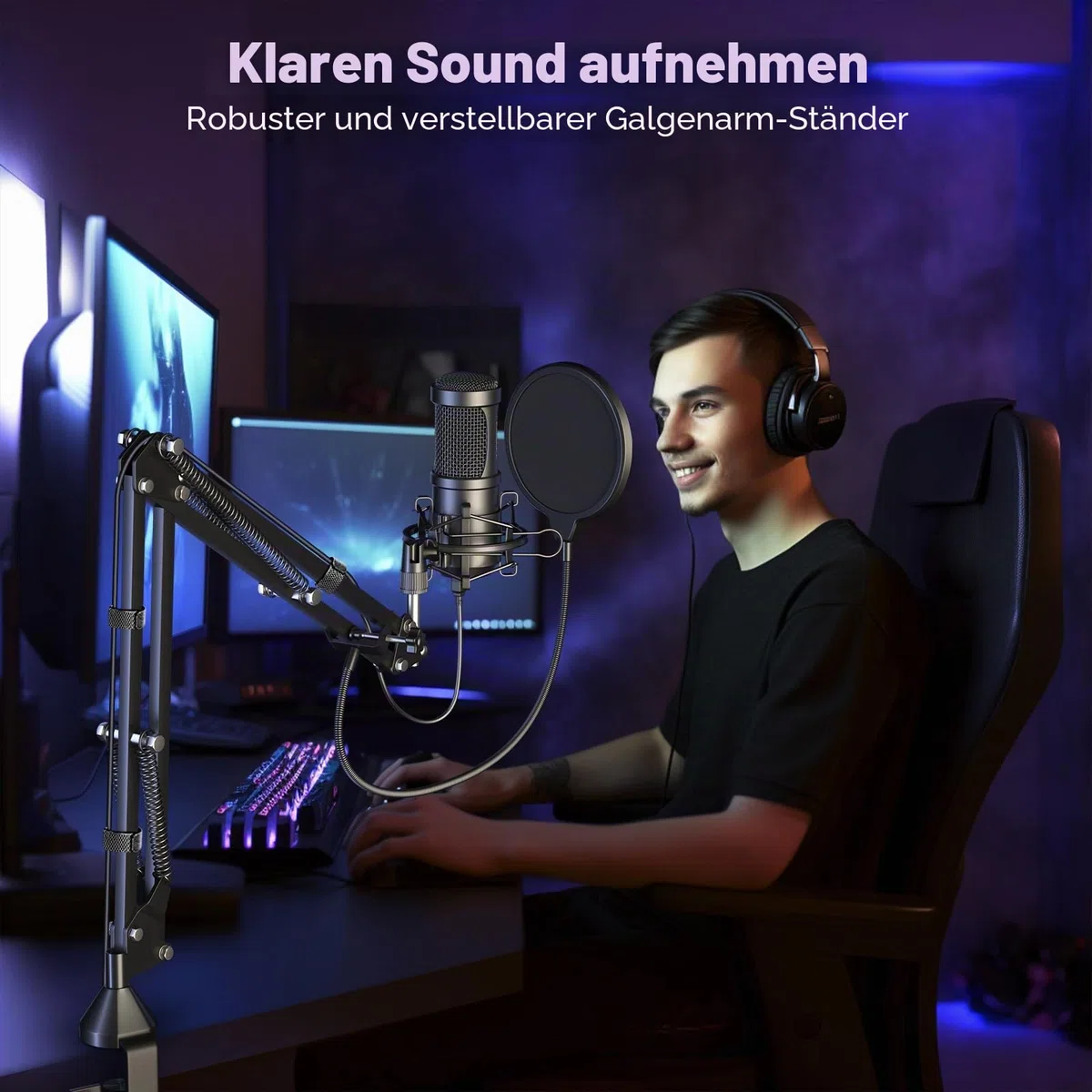 aokeo USB Mikrofon, 192kHZ / 24bit Podcast-Mikrofonsets mit Mikrofonständer, Stoßdämpferhalter, Windschutzscheibe, Popfilter, für Rundfunk, Aufnahme, YouTube,Podcasts