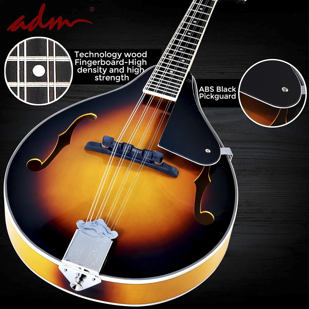 ADM Akustisches Mandolinen-Instrumenten-Set, Musik, A-Stil für Kinder, Studenten, Erwachsene, Holz-Mandolinen, Anfänger-Set mit Tasche, Stimmgerät, EQ, Gurt, Saiten, Plektren und Aufhänger, Sunbrust