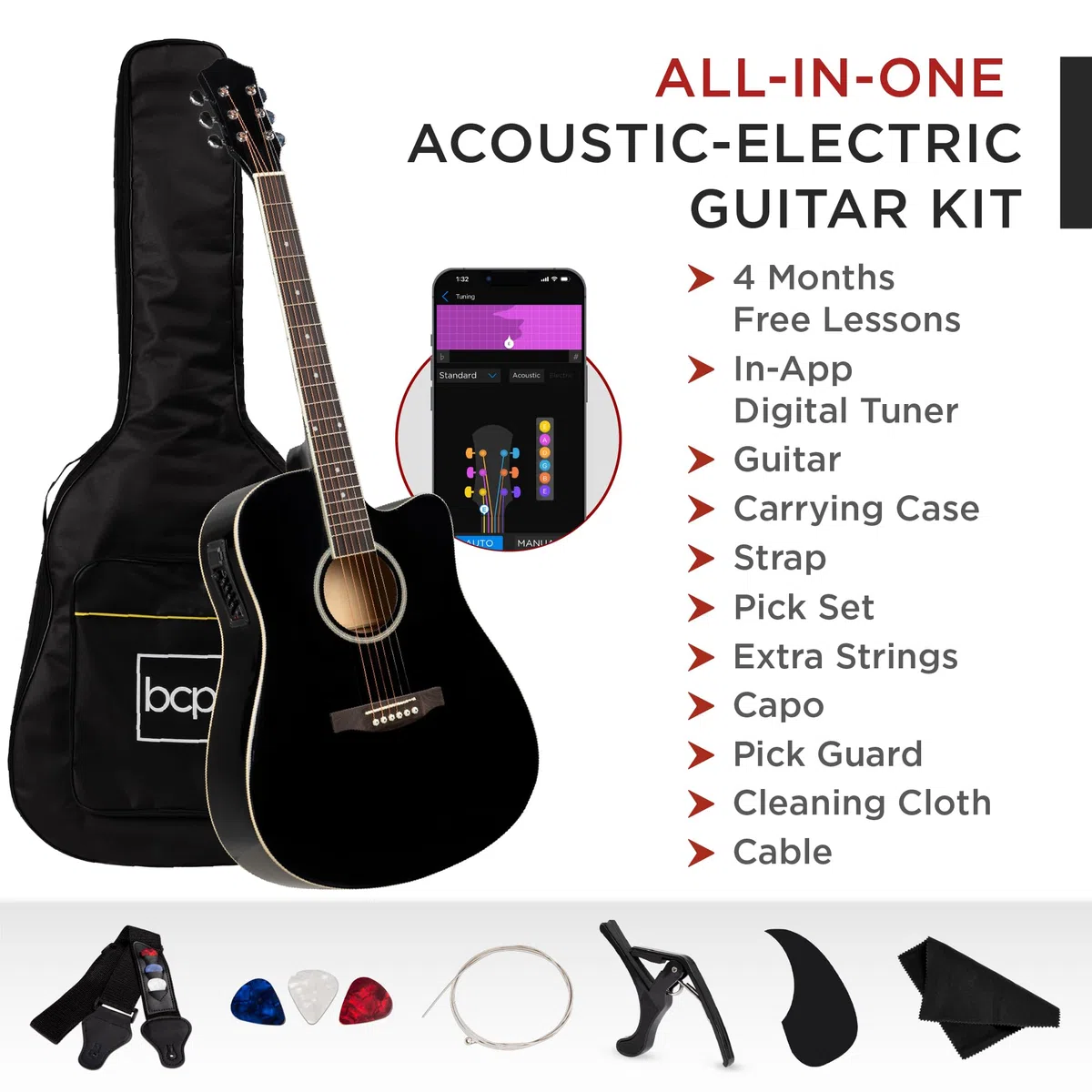 Best Choice Products Anfänger-Starter-Set für Akustikgitarre, 104,1 cm, mit Cutaway-Design, Tasche, Gurt, Plektren, Stimmgerät, Schwarz