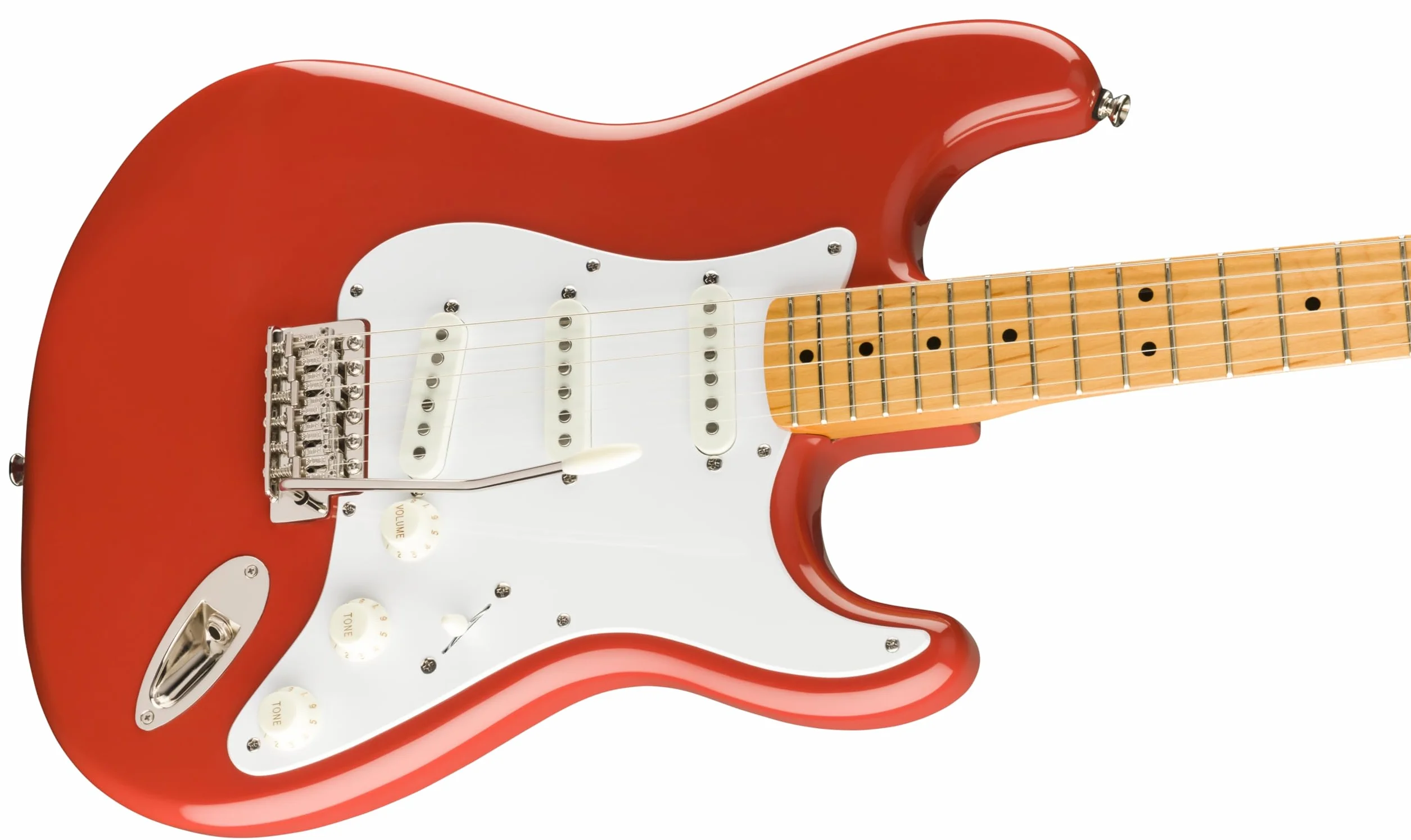 Squier by Fender Classic Vibe '50s Stratocaster, Fiesta Red – E-Gitarre, Vintage-Style, Ahorn-Griffbrett, Erle-Korpus, C-Halsprofil, Single-Coil Pickups, Retro-Sound, Tremolo, 21 Bünde