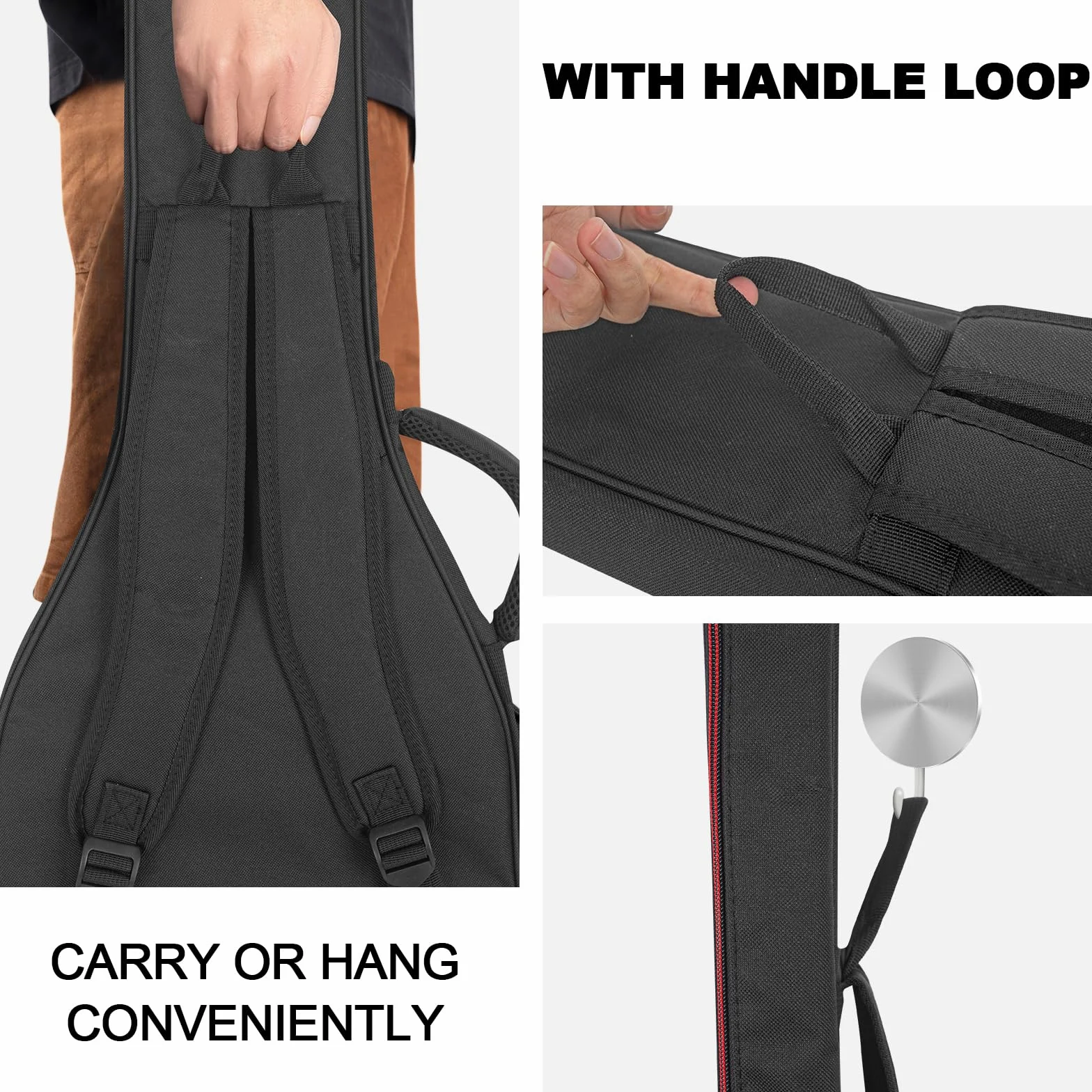 Tasche für Bassgitarre, 10 mm Polsterung, wasserdicht, E-Bass, Gigbag Rucksack mit Nackenschutzgurt und Tasche, verstellbarer Schultergurt, Schwarz, Schwarz , Bass Guitar Bag-Red Zipper