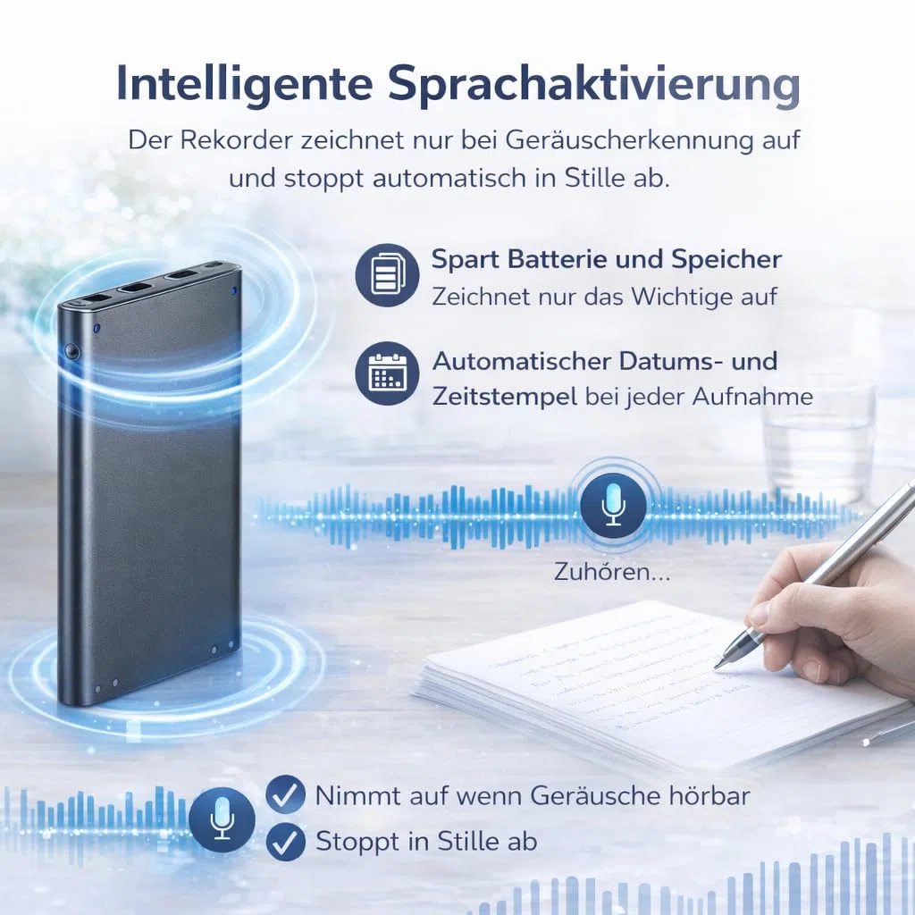 CleverTalk Q1 KI-Sprachrekorder | Sprachaktiviert | Mobile App, Mac, Windows und Web | Europäische Cloud DSGVO | 64GB | HD-Audio 1536kbps | USB-C