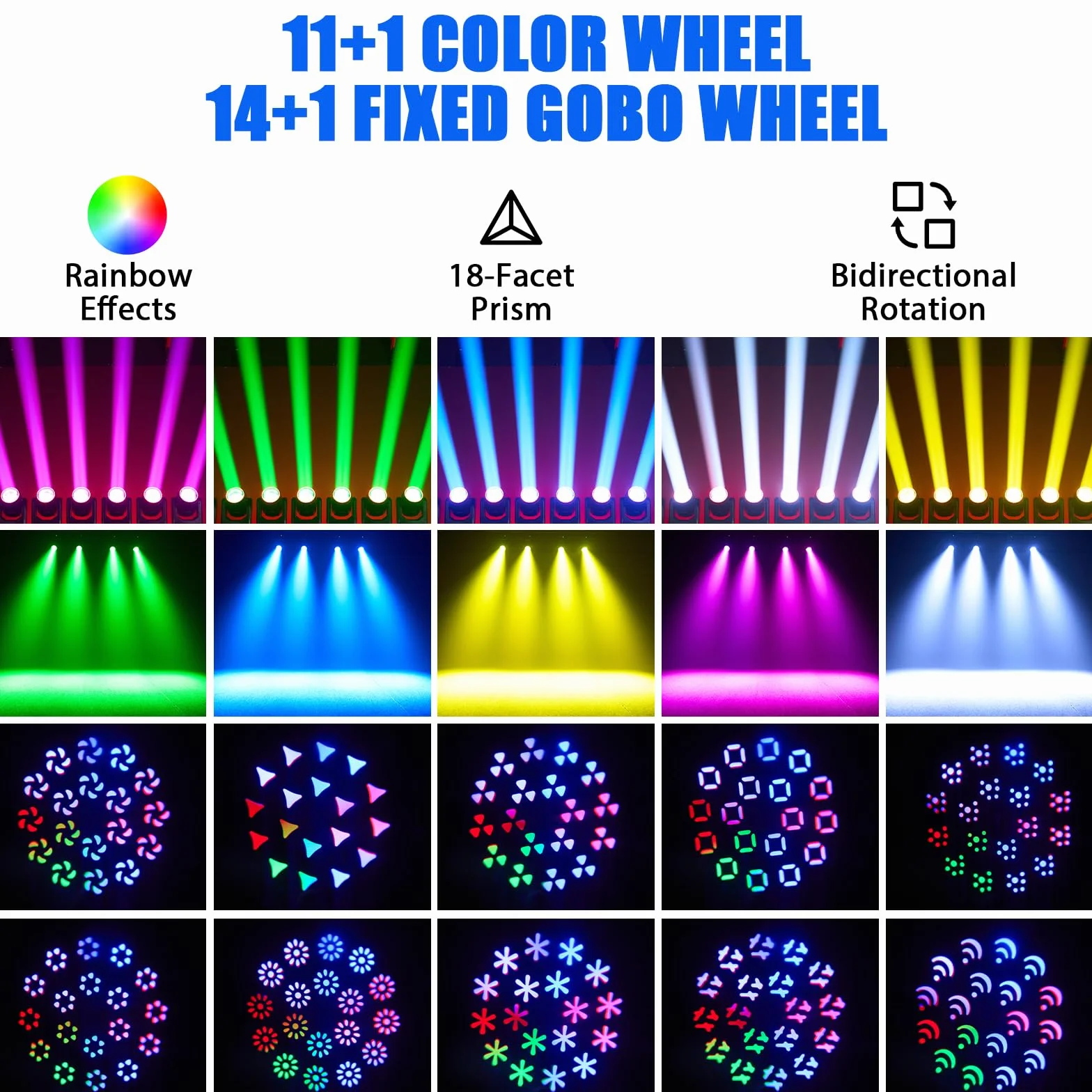 200W LED Beam Moving Head Licht, Elektronischer Zoom Bühnenlicht mit 11+1 Farben und 14+1 Muster 18 Prisma, d-mx512(16CH) Beam Spot Licht für Bühne Hochzeit DJ Weihnachten Party