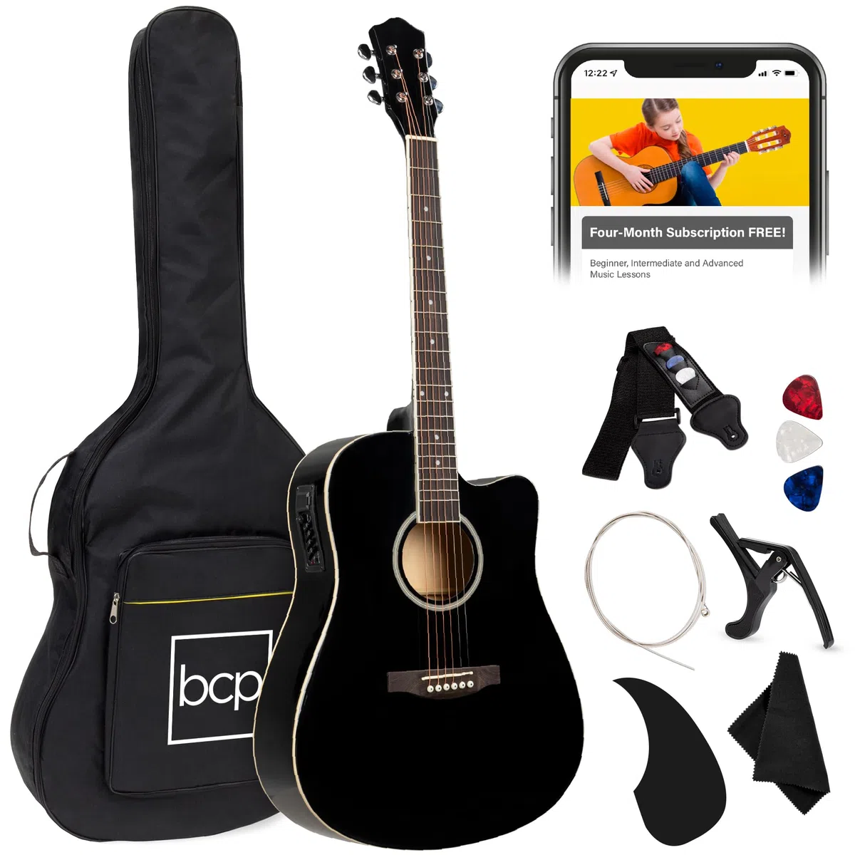 Best Choice Products Anfänger-Starter-Set für Akustikgitarre, 104,1 cm, mit Cutaway-Design, Tasche, Gurt, Plektren, Stimmgerät, Schwarz