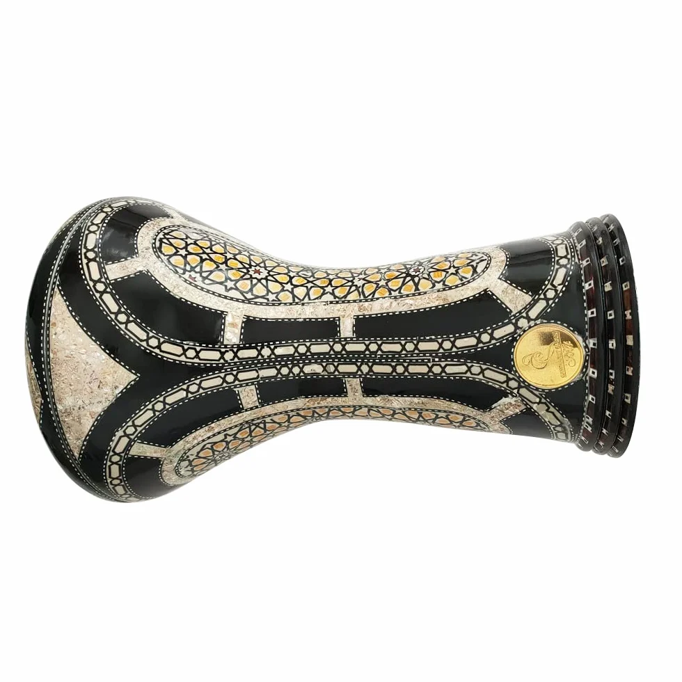 Horus Artesanía de Egipto Darbuka Derbaki, handgefertigt in Ägypten, Metall mit Perlmutt, Knochen und farbiger Emaille, Schwarz
