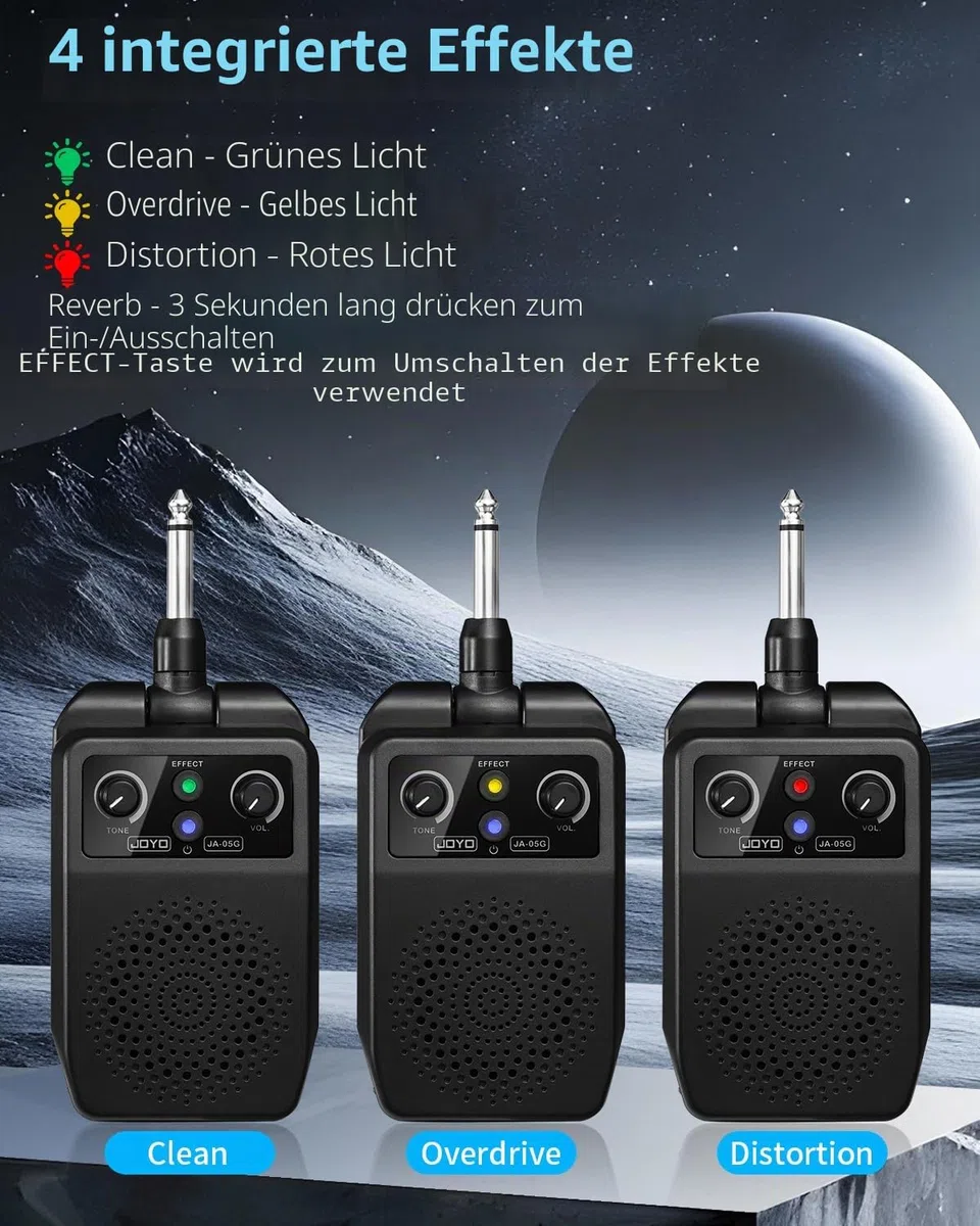JOYO Mini Gitarrenverstärker 5W tragbar - Wiederaufladbarer Bluetooth-Kombi-Verstärker mit integrierten Effekten (Clean, Overdrive, Distortion, Reverb) Kompakter Übungsverstärker für E-Gitarre Plug in